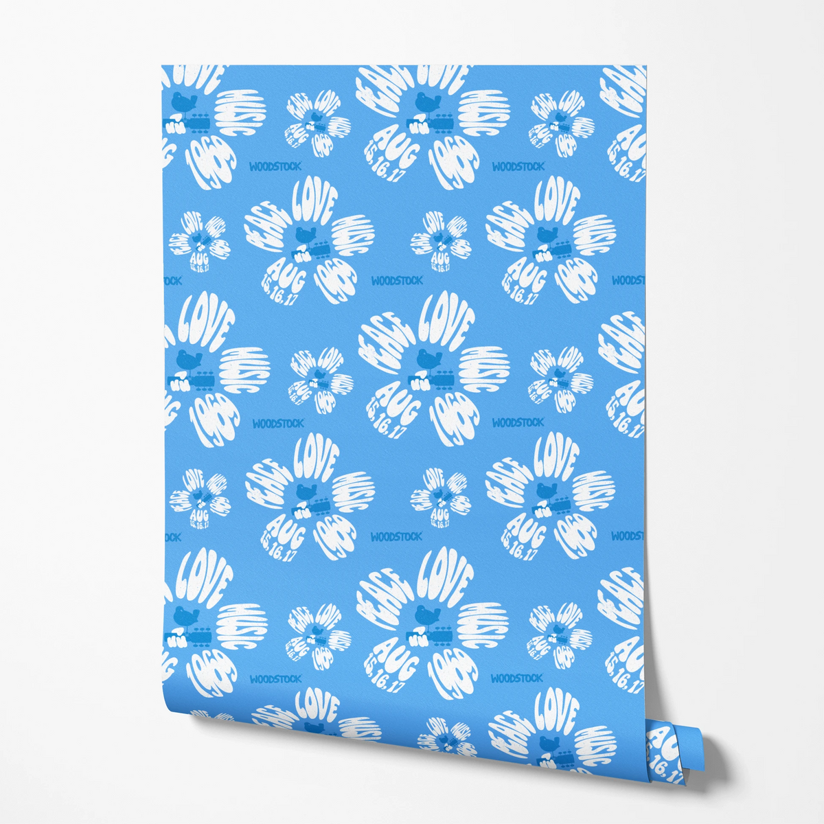 Woodstock Peace, Love, Music Florals on Blue Wallpaper