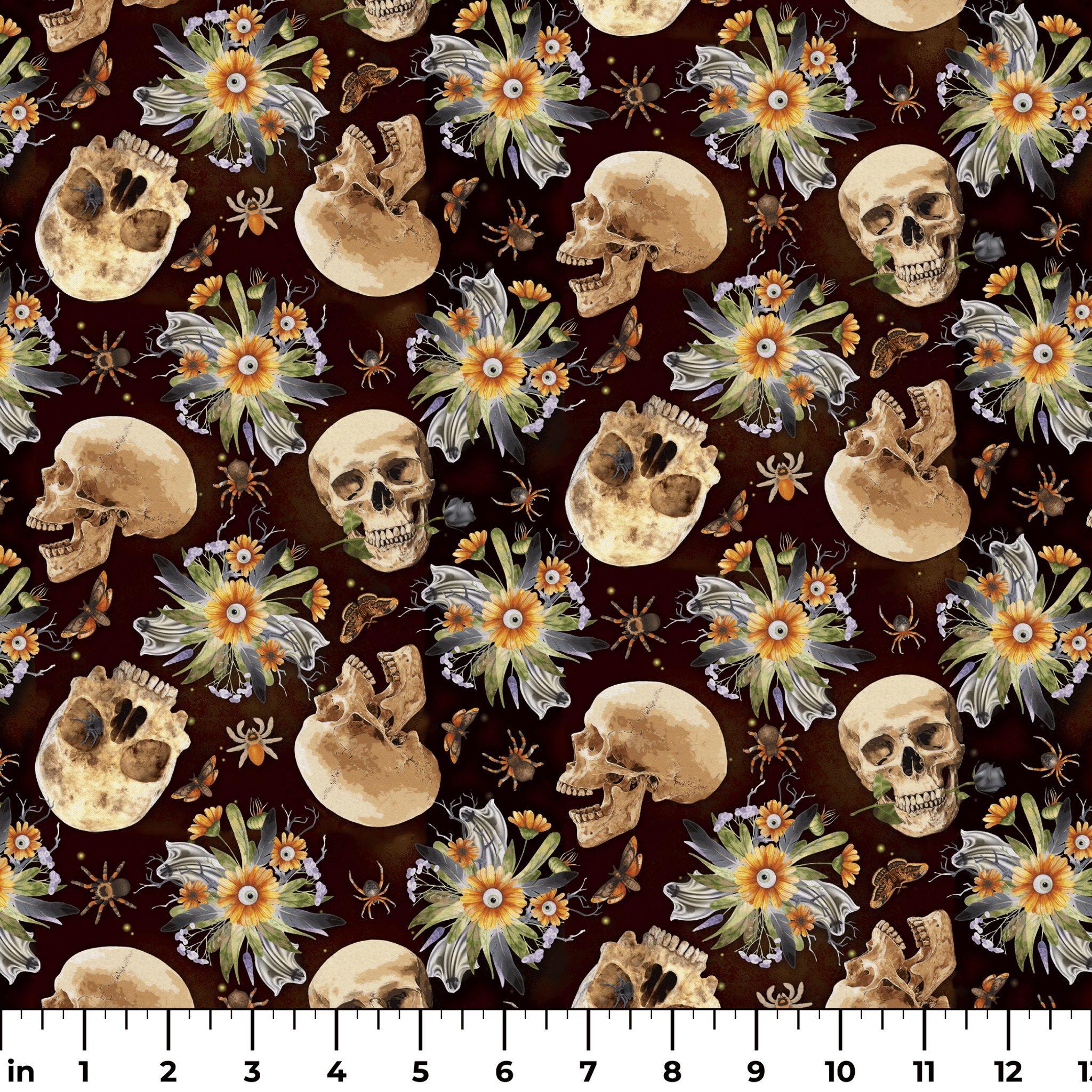 Repeated skulls, vibrant floral eyes, insects on dark background.