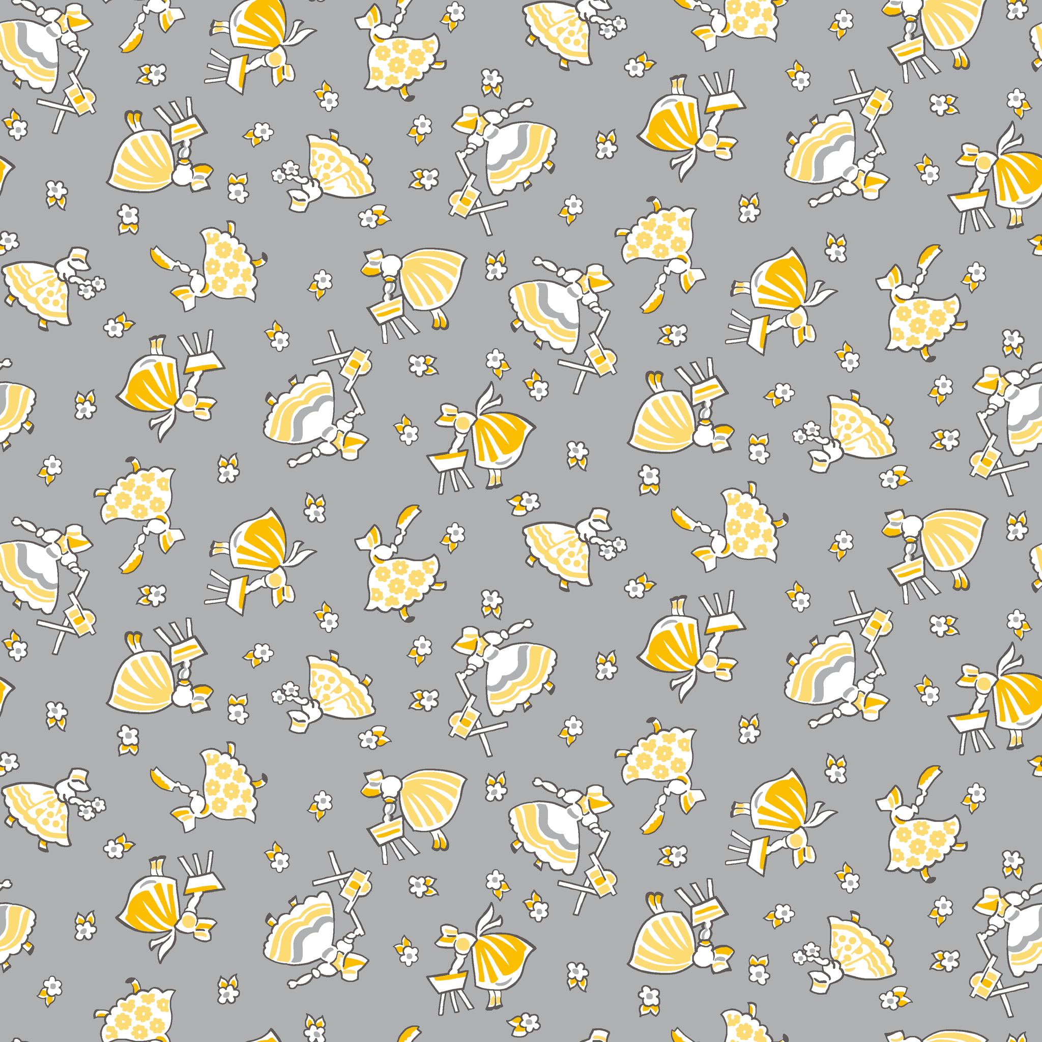 Vintage-style pattern with yellow, white ladies, flowers on gray background.