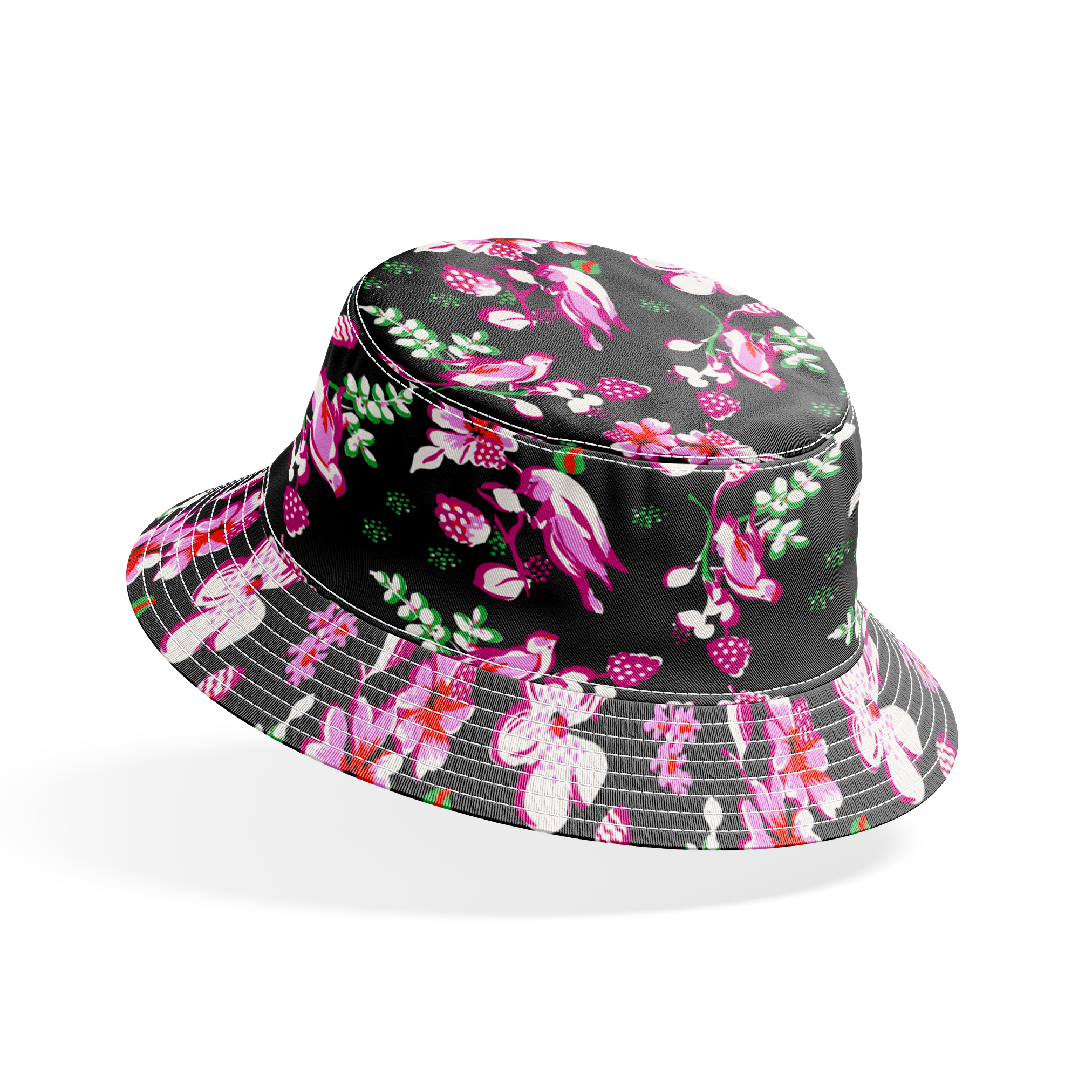 Vibrant pink birds and flowers pattern on black background with strawberry accents bucket hat mockup