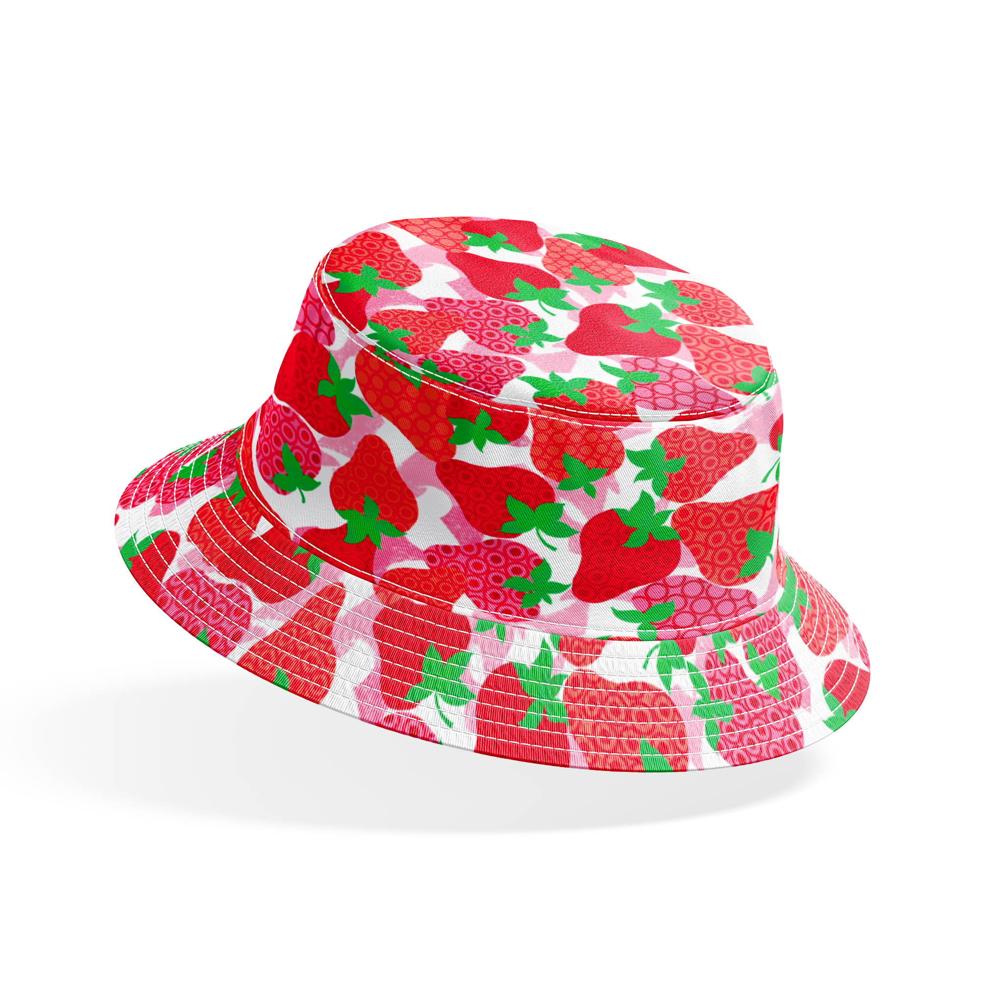 Colorful pattern of red strawberries with varied decorative patterns and green leaves on pink bac... bucket hat mockup