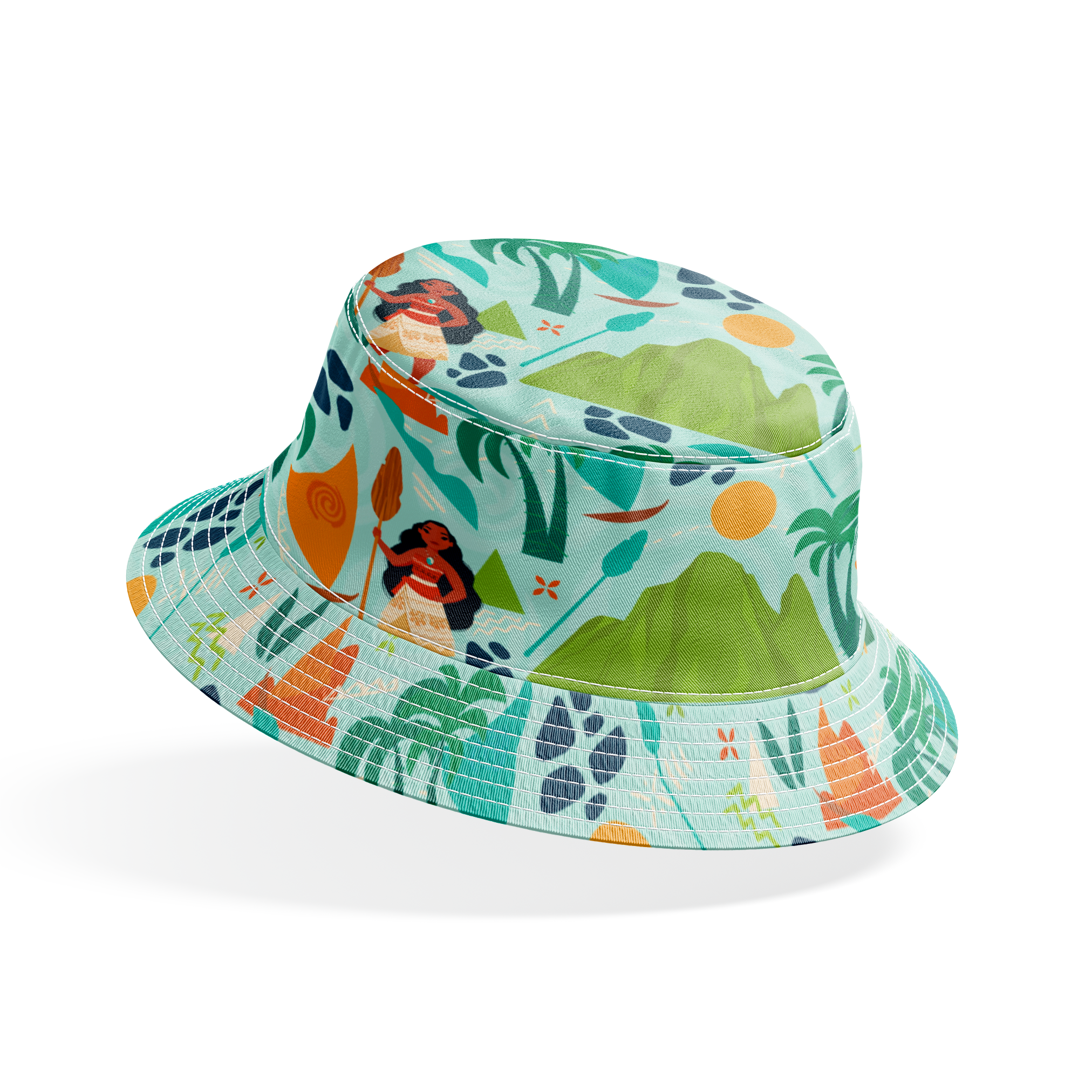 Tropical pattern with palm trees, mountains, sailboats and Polynesian-inspired motifs on mint green bucket hat mockup