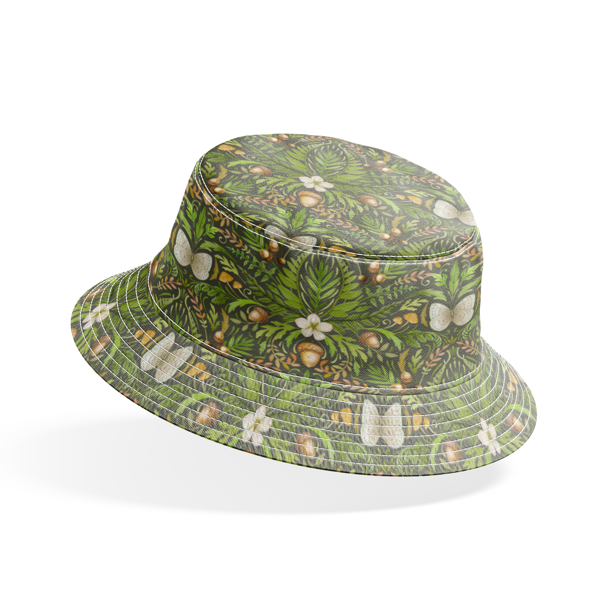Symmetrical botanical pattern with green foliage, white flowers, and brown accents on dark background bucket hat mockup