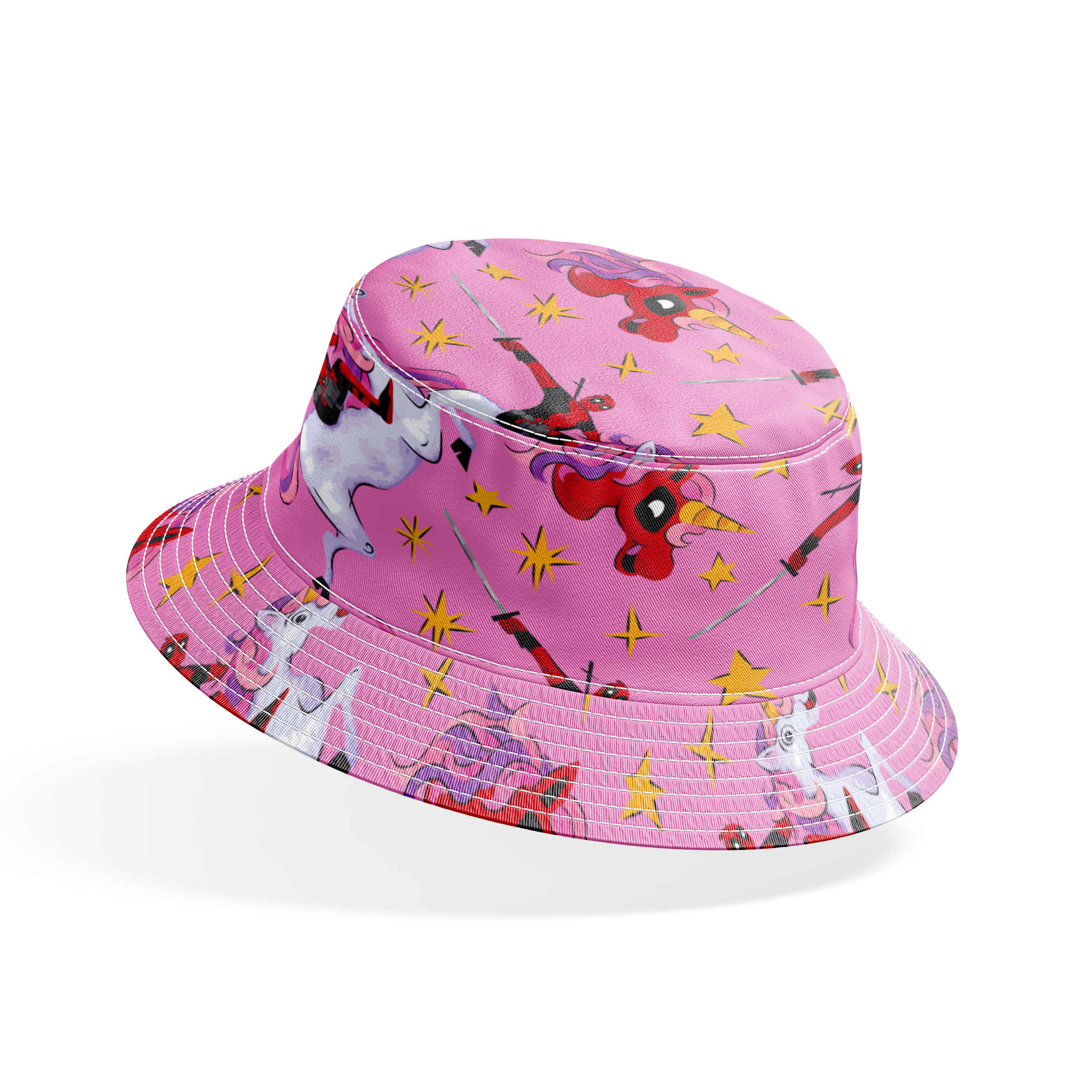 Cartoon character in red riding white unicorns with purple manes against pink starry background bucket hat mockup