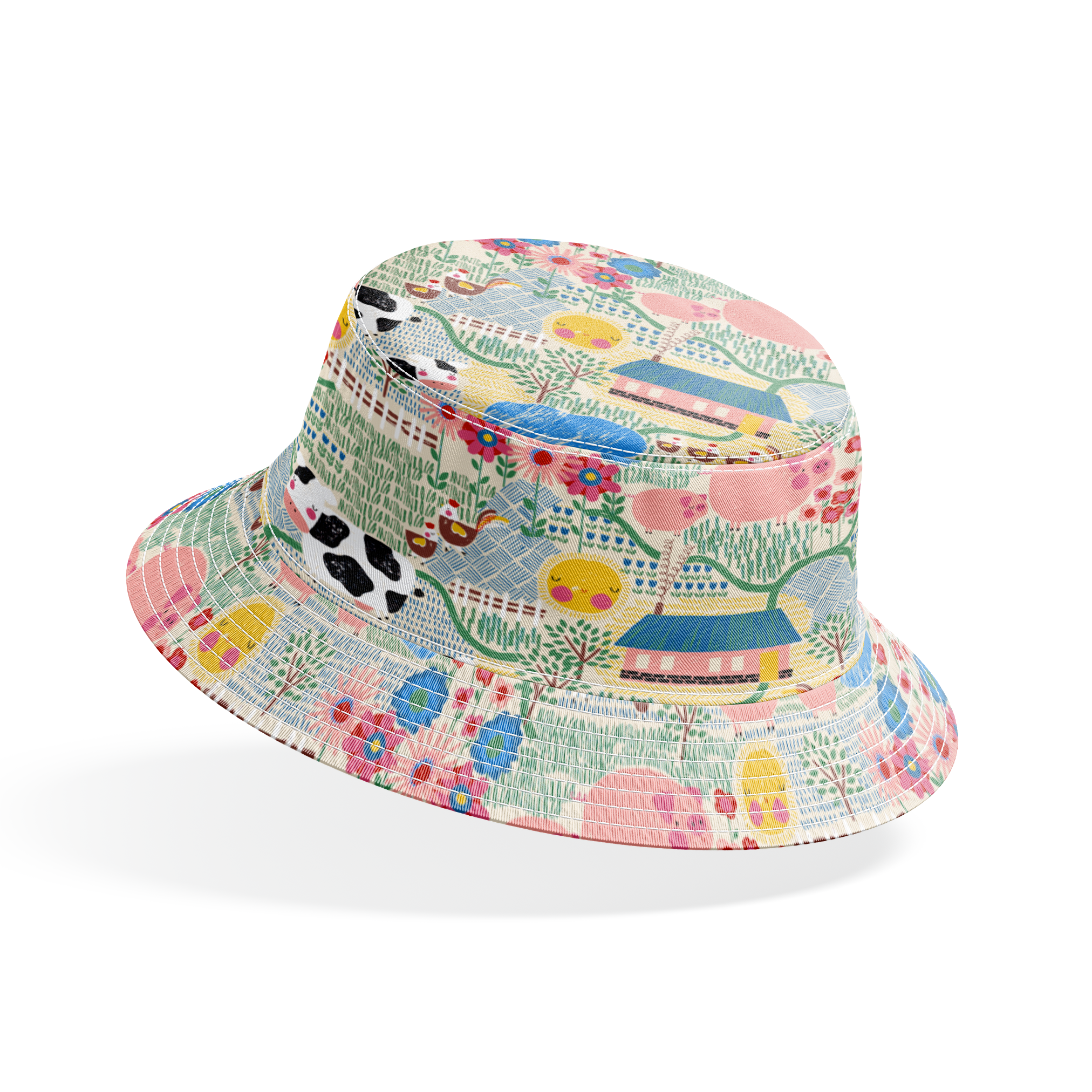 Colorful farm illustration with pink pigs, spotted cows, flowers, and small houses on textured ba... bucket hat mockup
