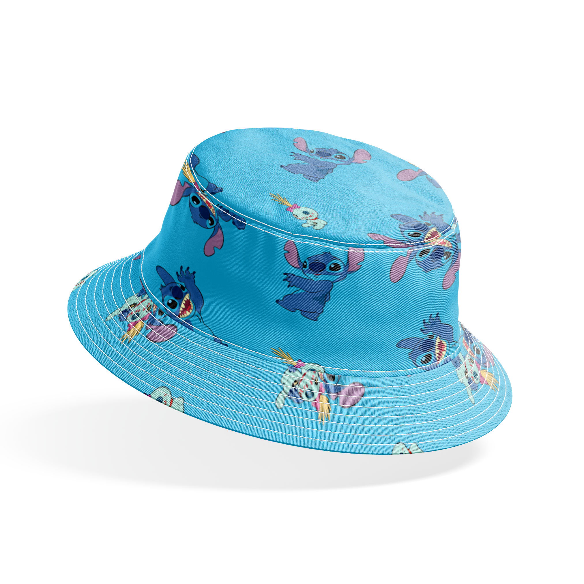 Disney’s Stitch and Scrump in various playful poses scattered across a light blue background with small tropical flowers. bucket hat mockup