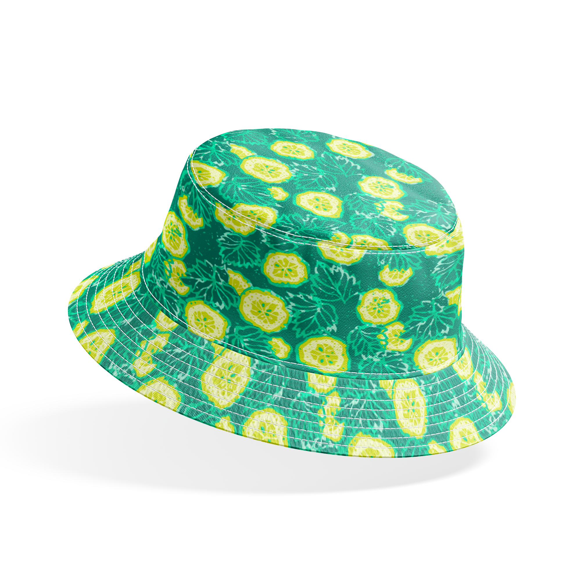 Vibrant green background with yellow cucumber slices and light green leafy patterns bucket hat mockup