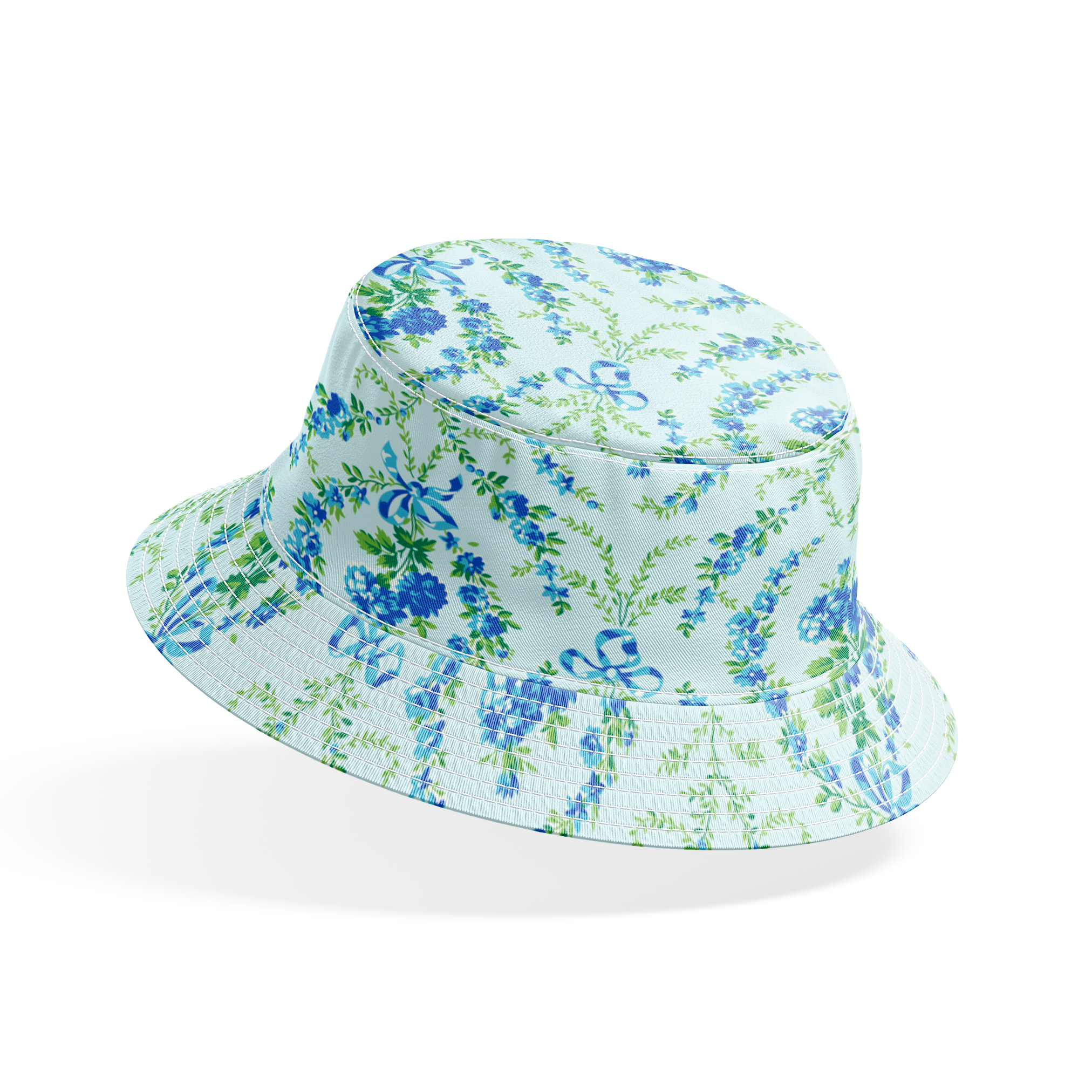 Blue floral pattern with diamond lattice design featuring delicate ribbons and green foliage on light background bucket hat mockup
