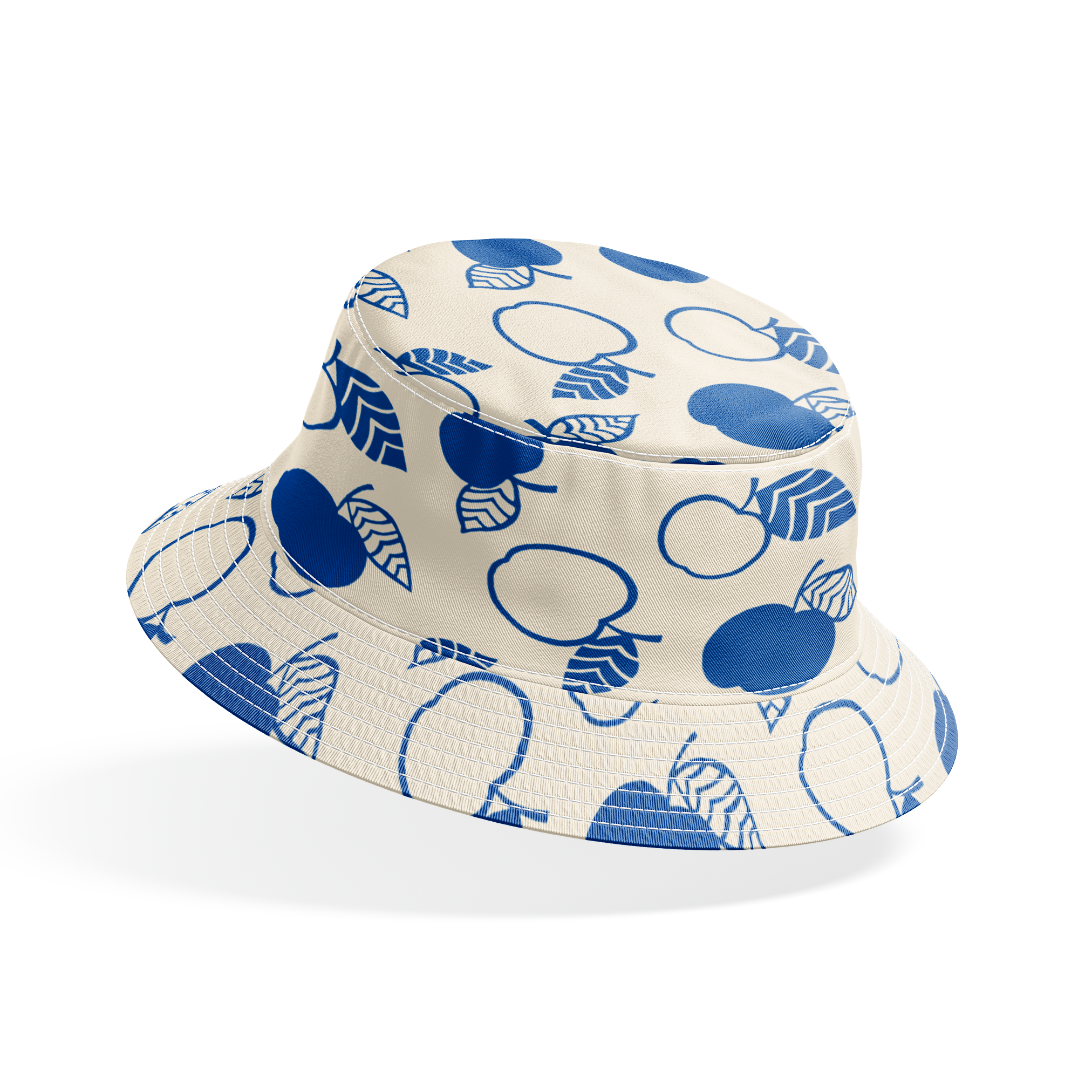 Blue apple illustrations and leaf outlines arranged in a scattered pattern on cream background. bucket hat mockup