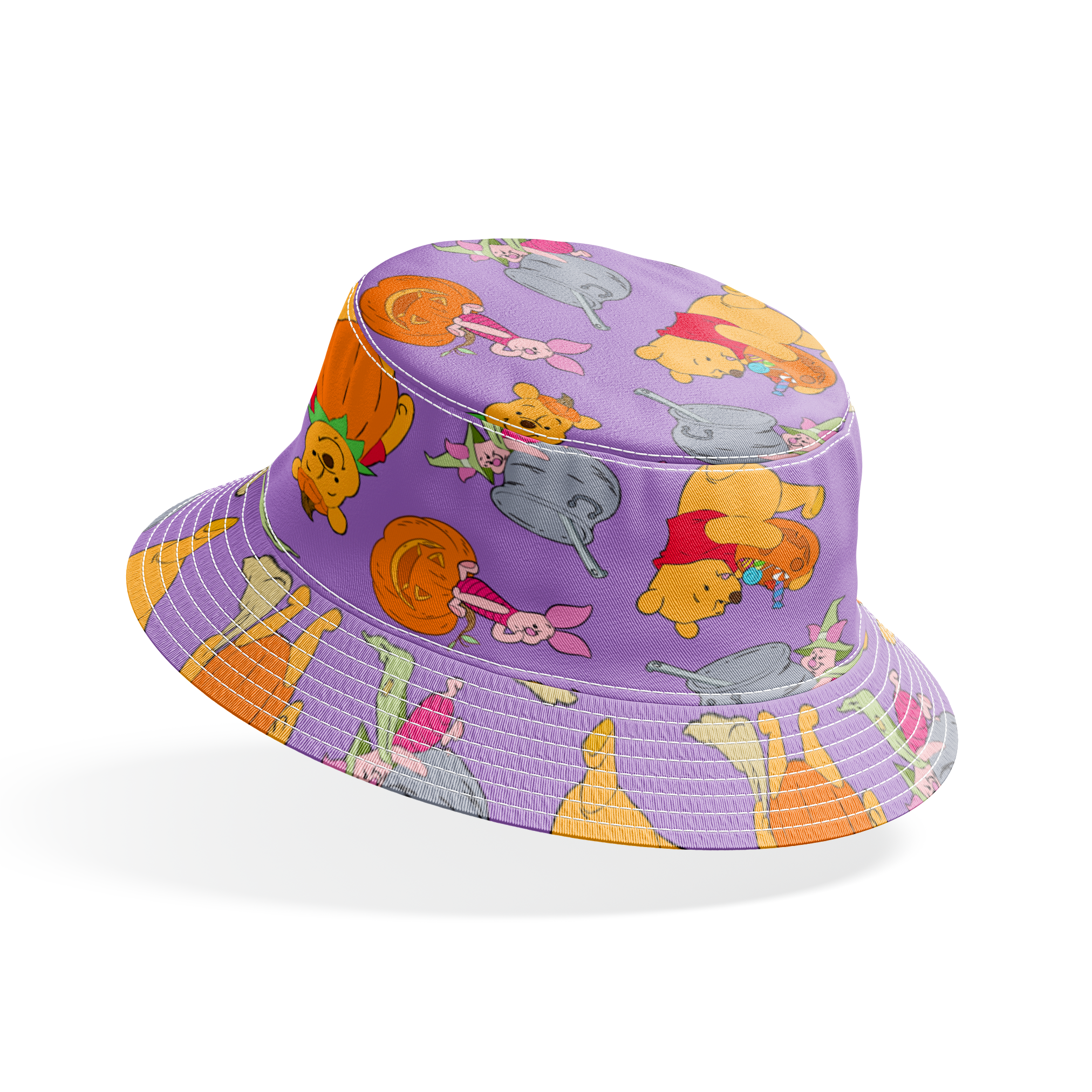 Whimsical Winnie the Pooh pattern with Piglet and Eeyore on purple background with pumpkins bucket hat mockup