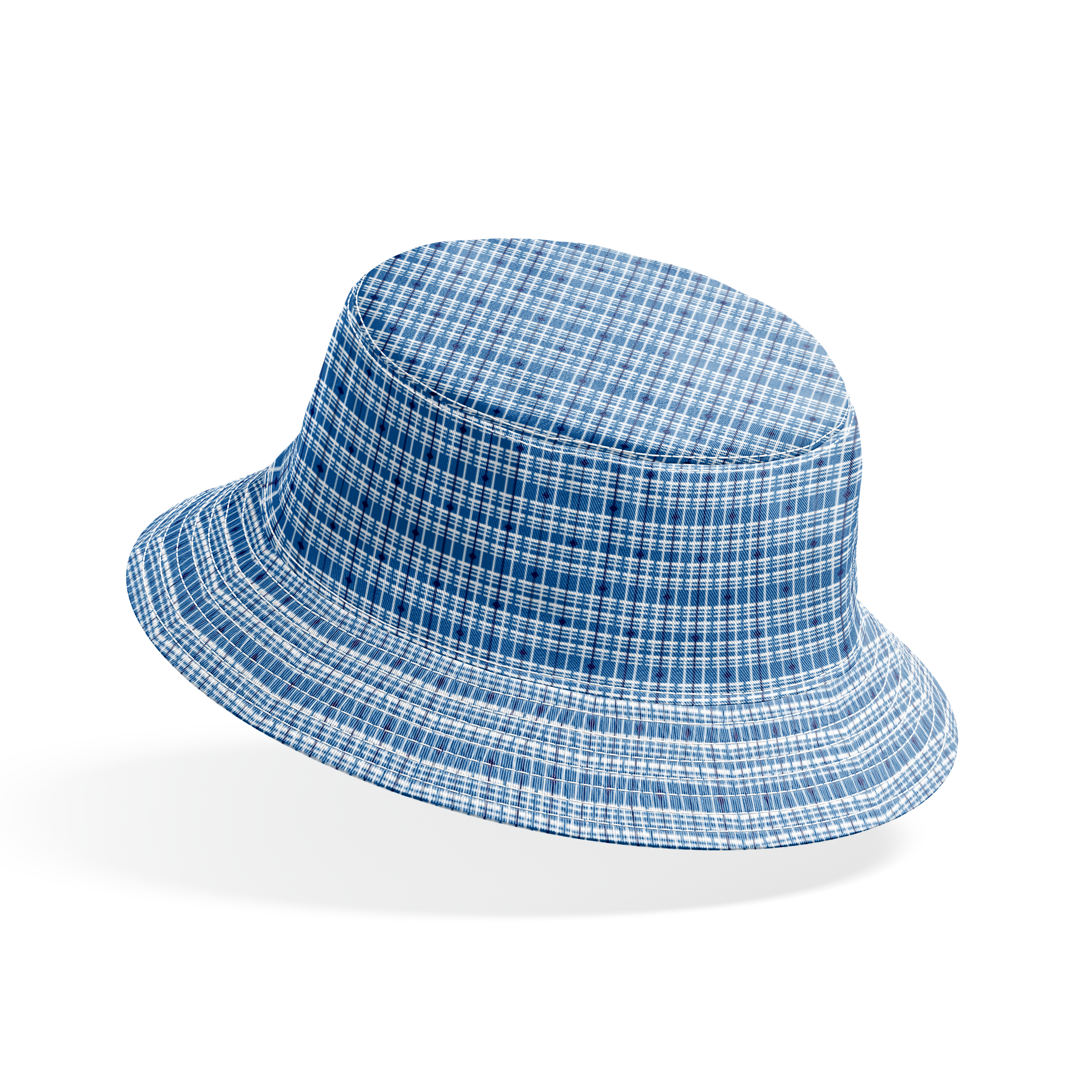 Blue and white plaid pattern with thin grid lines in various shades of blue on light background bucket hat mockup