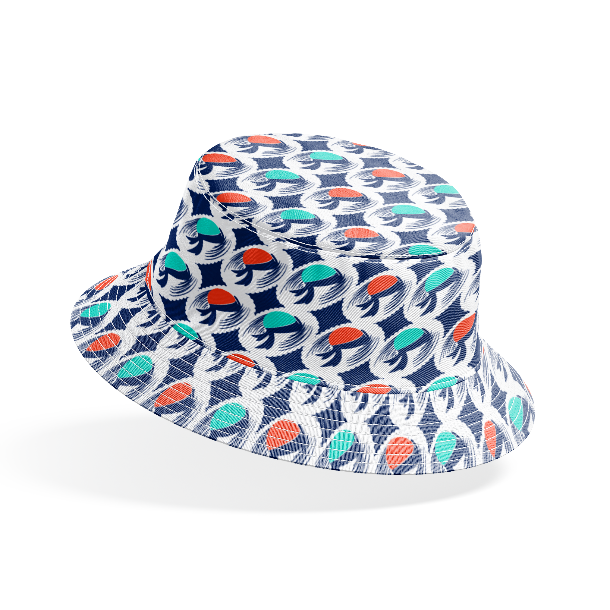 Abstract pattern with repeating mint green and coral circular shapes on navy background with white brushstroke details bucket hat mockup