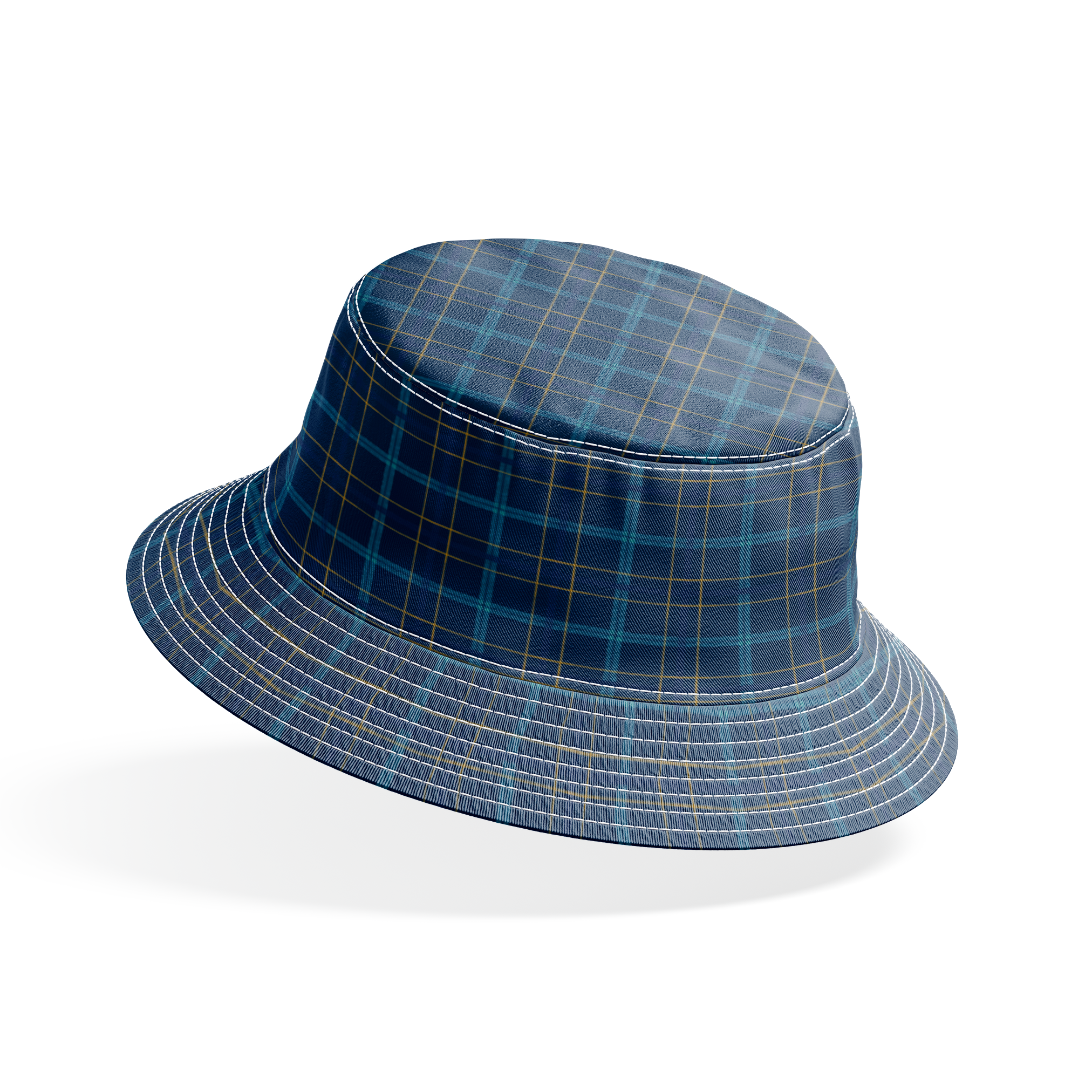 Painterly navy blue plaid with golden yellow and soft blue stripes by Nicole Tamarin, ideal for autumn sewing and decor. bucket hat mockup