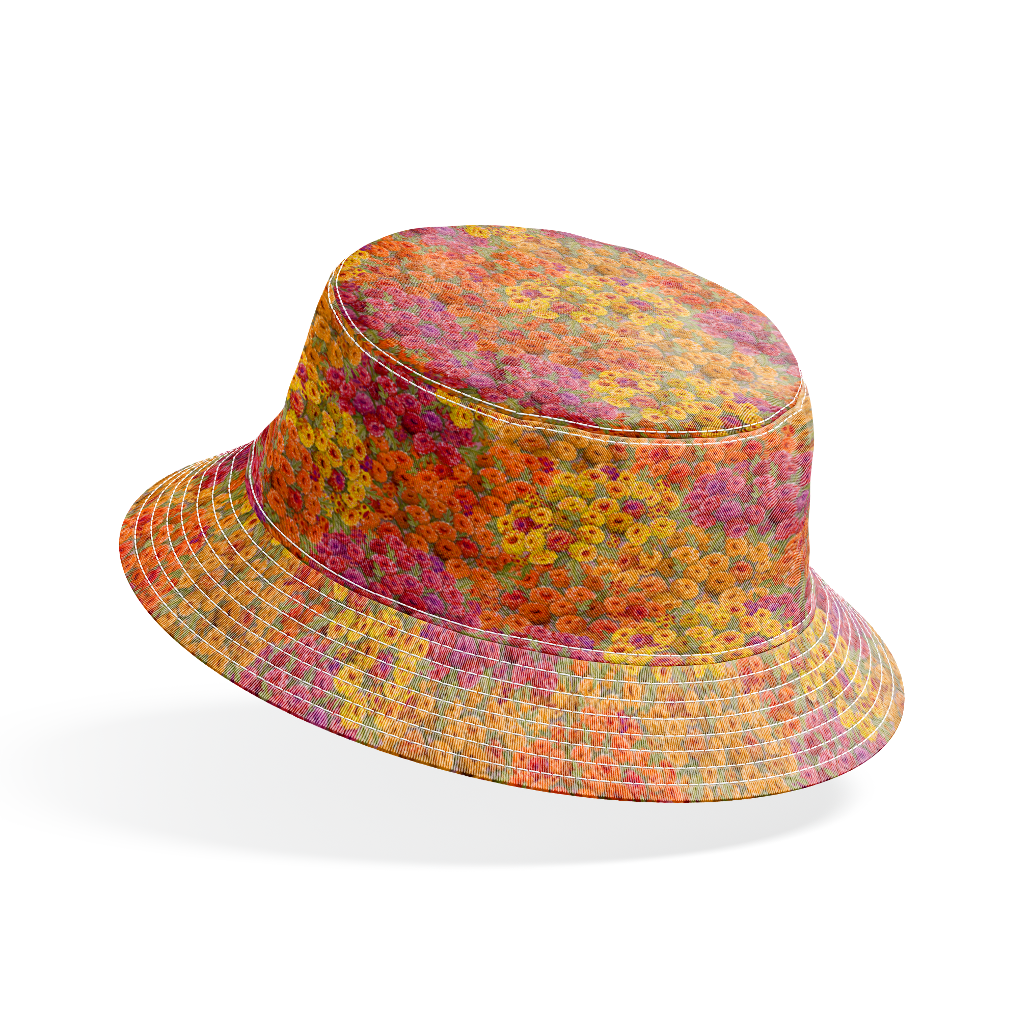 Dense floral fabric featuring orange, gold, pink, and plum zinnias in a packed all-over pattern by Nicole Tamarin. bucket hat mockup