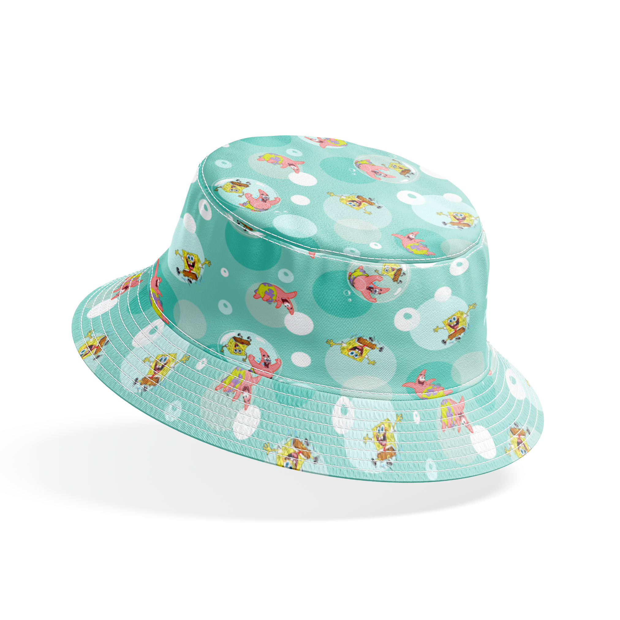SpongeBob and Patrick floating in transparent bubbles across a seafoam green background with layered circle accents. bucket hat mockup