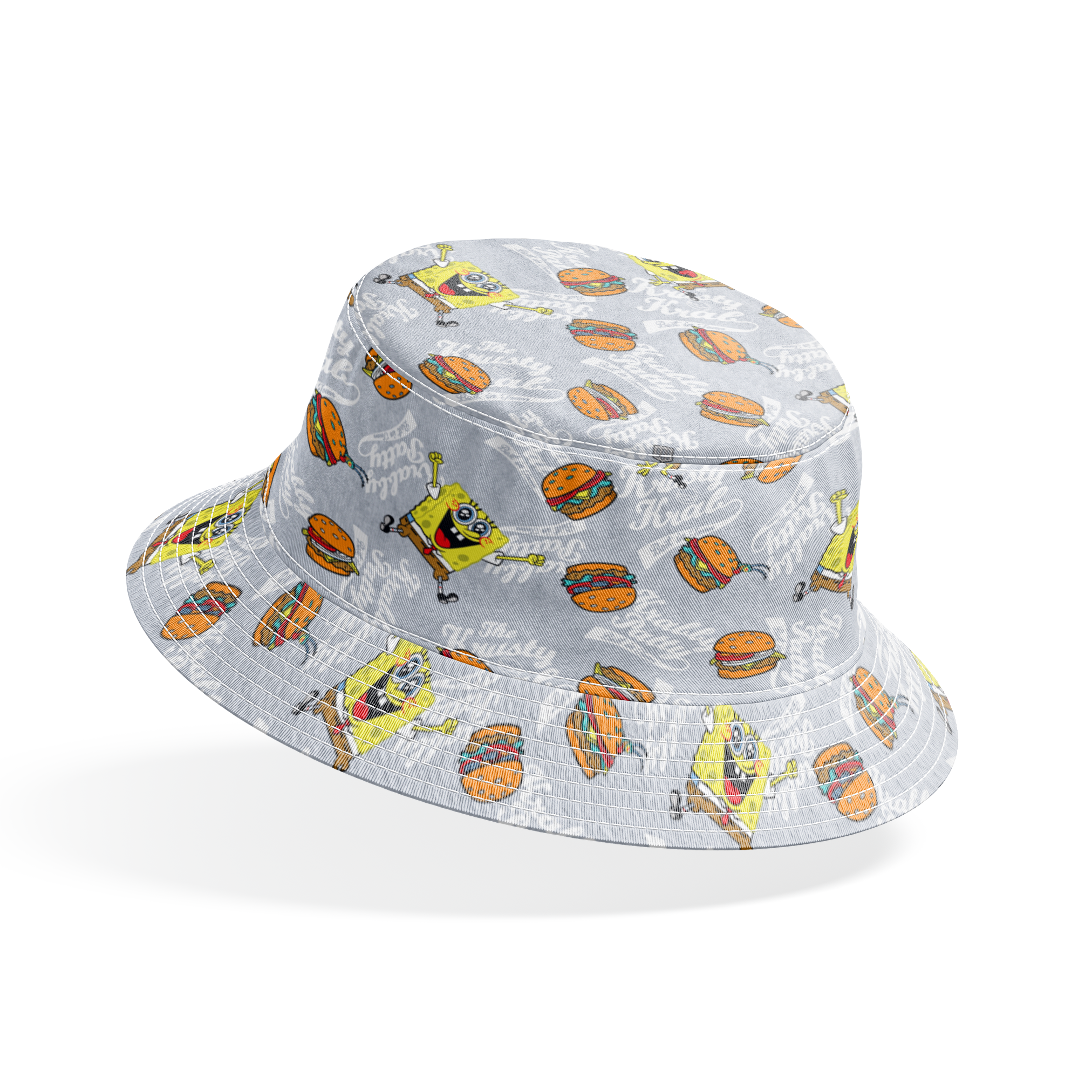 SpongeBob surrounded by Krabby Patties, spatulas, and “The Krusty Krab” text on a heather gray background in a playful cartoon-style design. bucket hat mockup