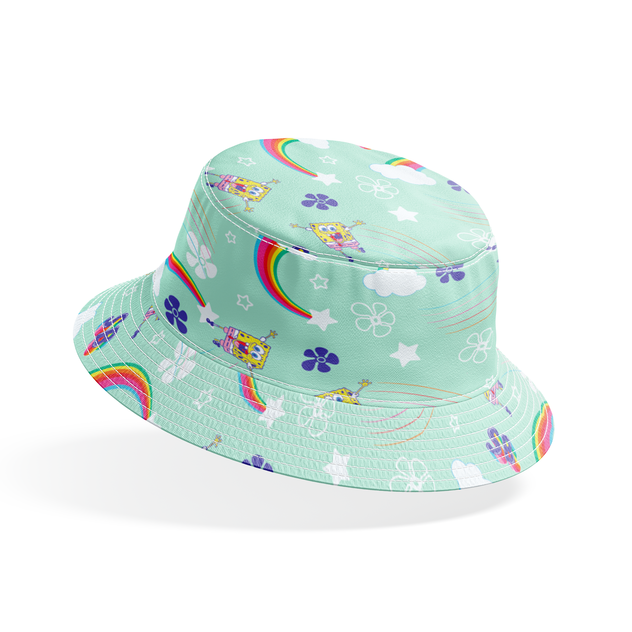 SpongeBob flying over rainbows with clouds, stars, and floral icons on a mint green background in a cheerful cartoon-style Nickelodeon design bucket hat mockup