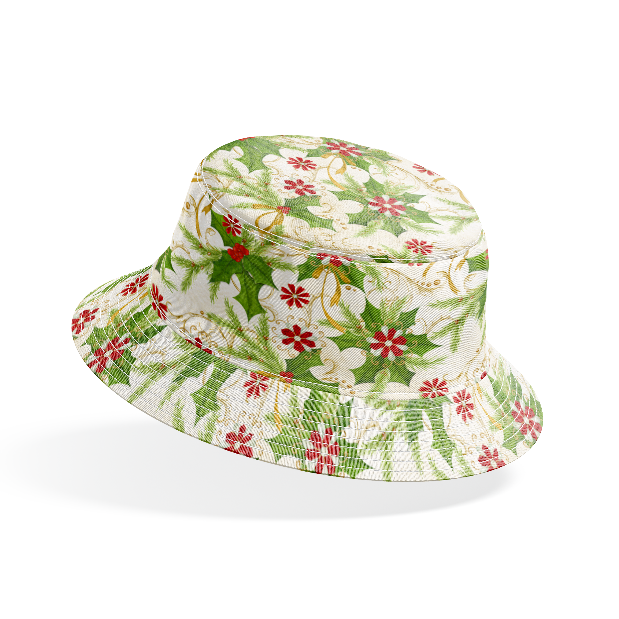 Festive pattern featuring holly leaves, pine branches, red floral medallions, and golden swirls on an ivory background by Nicole Tamarin. bucket hat mockup