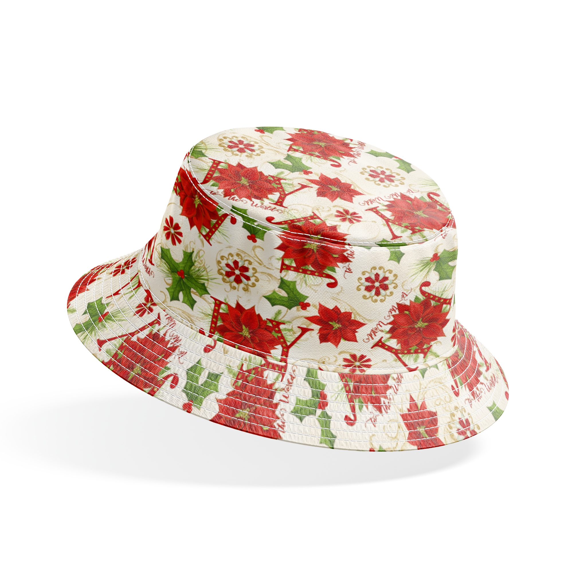 Red poinsettias, holly leaves, pine sprigs, and peppermint candy motifs with scattered “Joy” text in a festive holiday toss design by Nicole Tamarin. bucket hat mockup