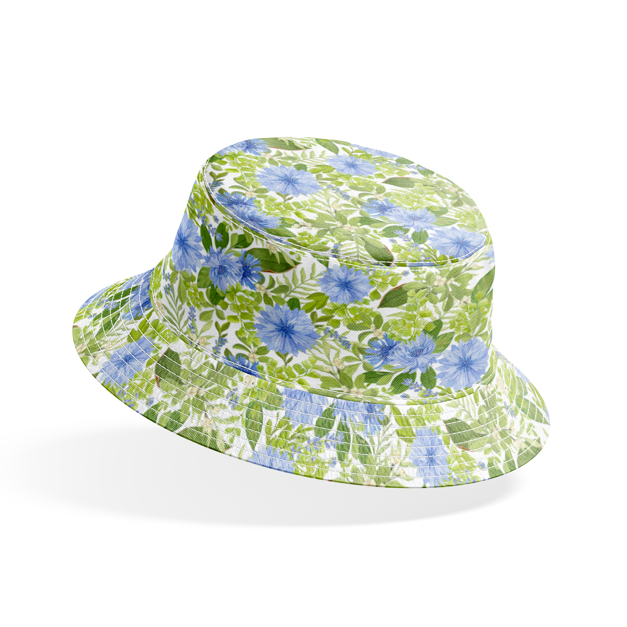 Watercolor-style botanical fabric pattern featuring blue wildflowers and soft green foliage on a white background. Designed by Nicole Tamarin. bucket hat mockup