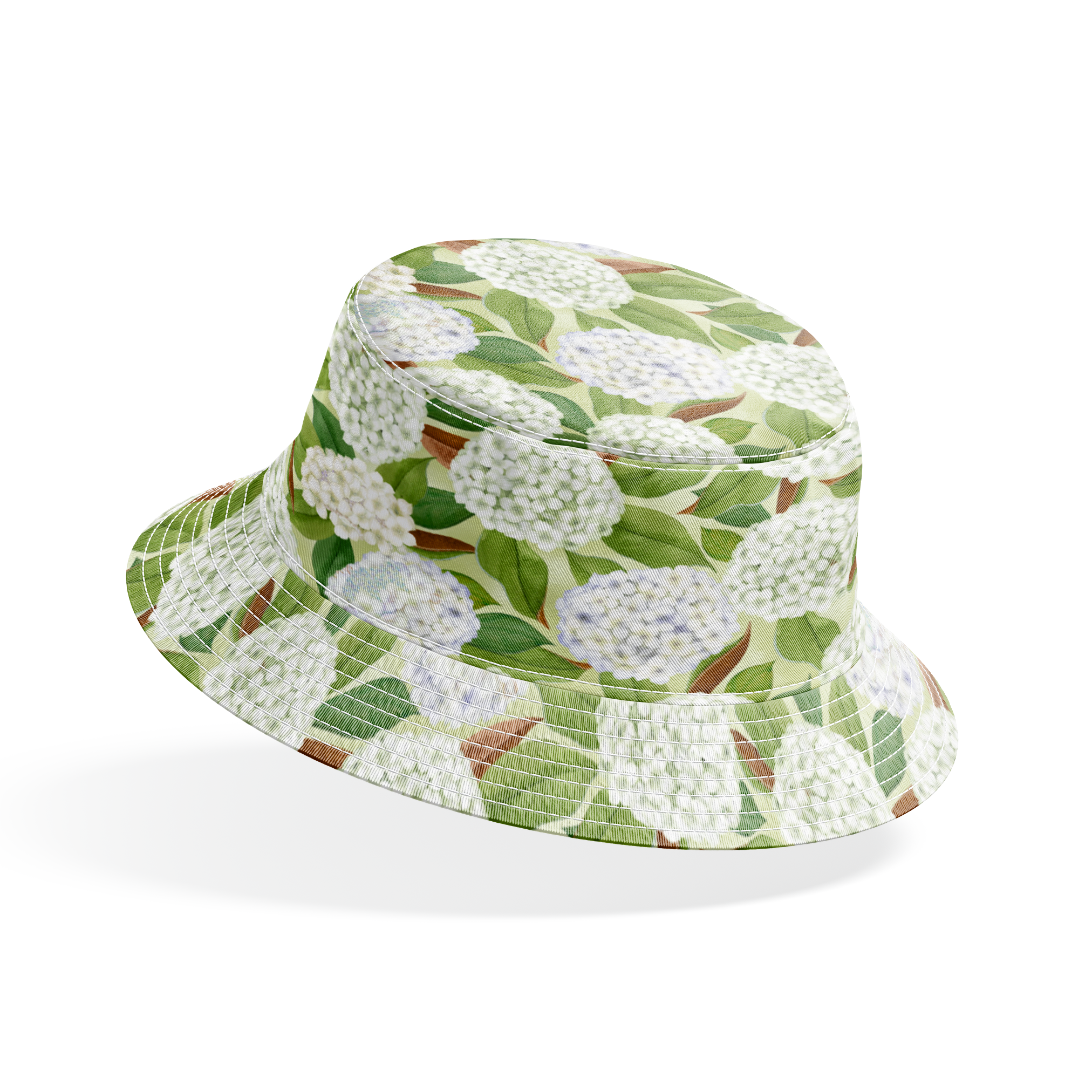 Realistic white hydrangea clusters with green leaves on a soft cream background, designed by Nicole Tamarin in a timeless botanical style. bucket hat mockup