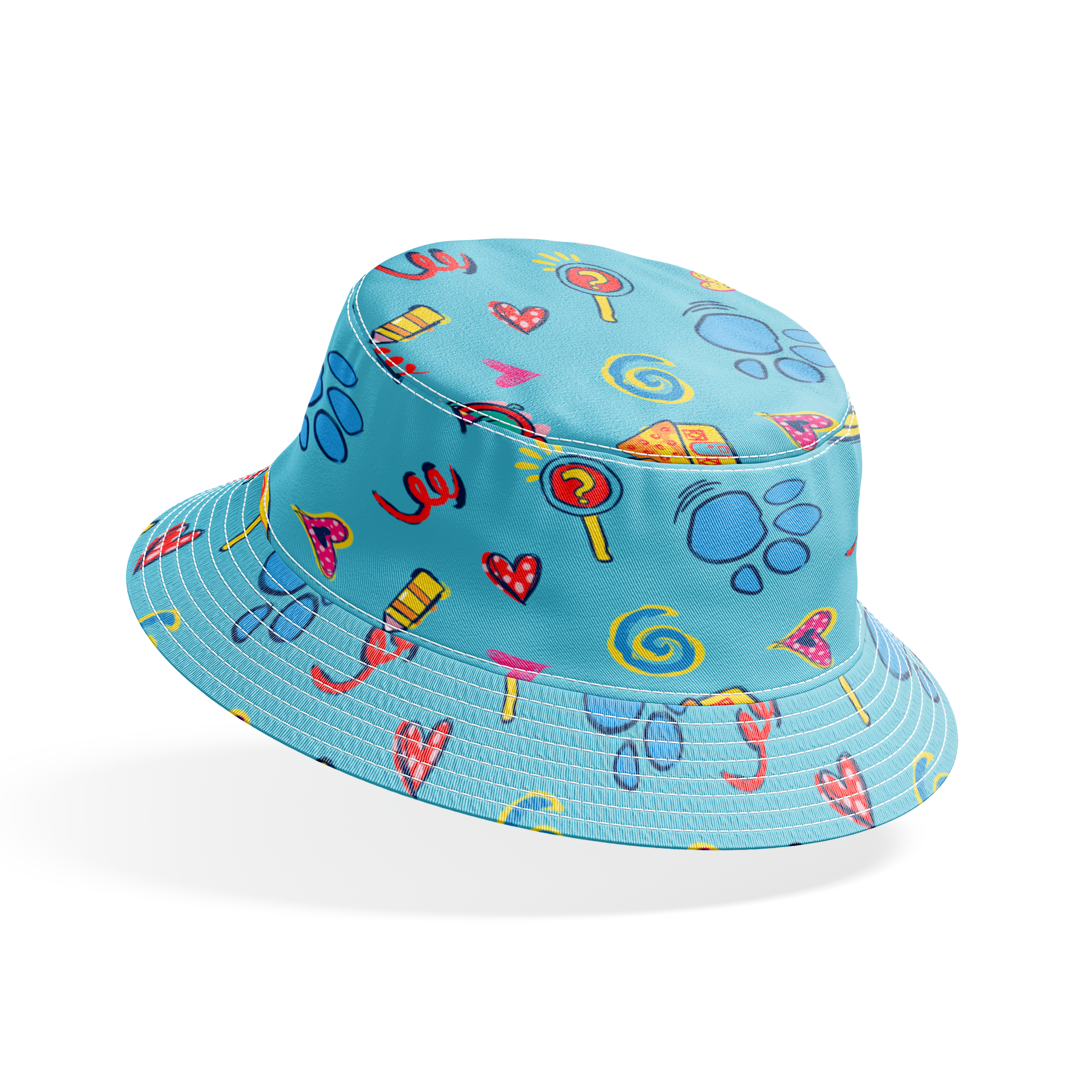 Blue’s Clues doodle-style pattern featuring paw prints, a crayon, spiral notebook, hearts, and magnifying glass on a light blue background. bucket hat mockup