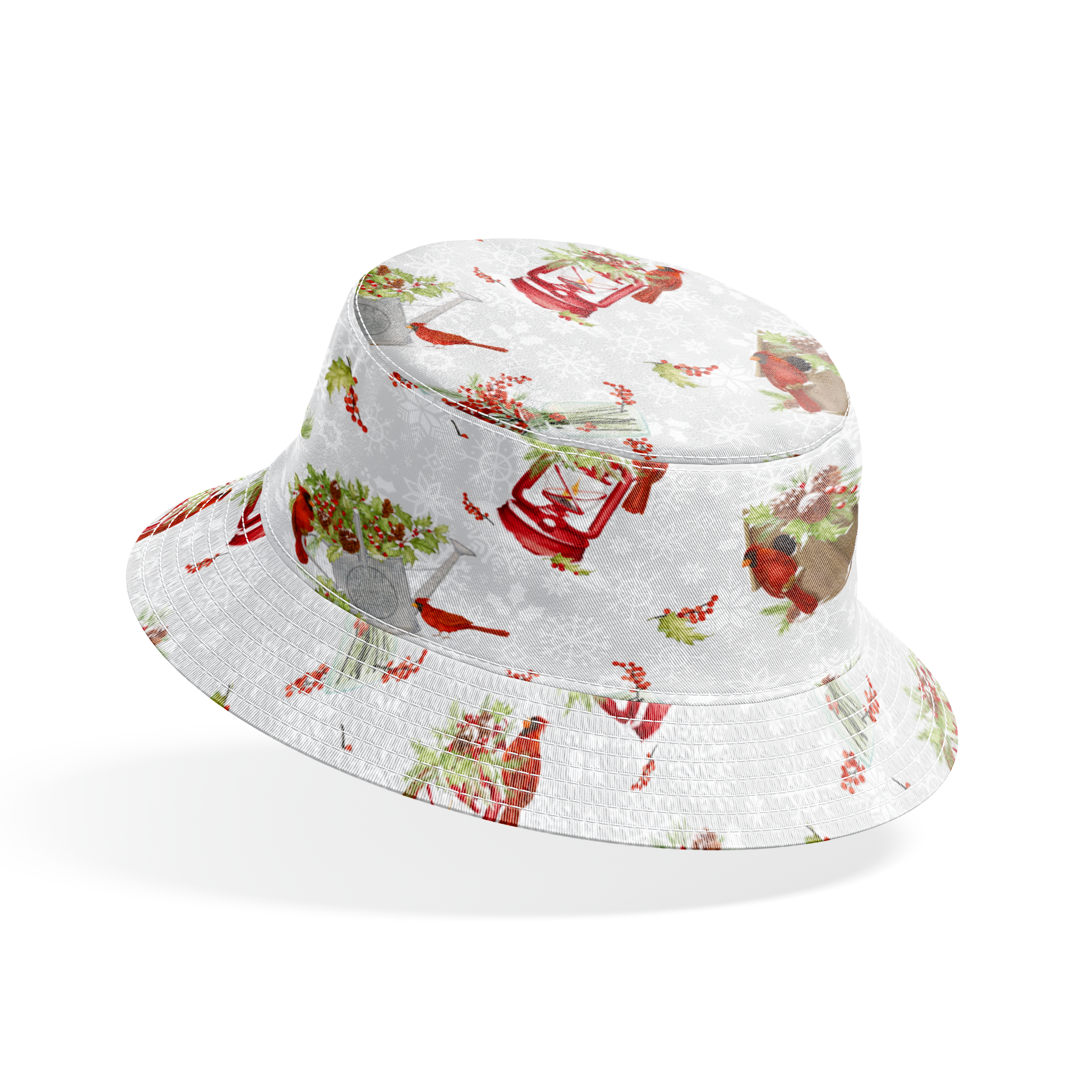 Red cardinals perched among holly berries, pine sprigs, lanterns, and rustic containers on a soft snowy background with snowflake details by Nicole Tamarin bucket hat mockup