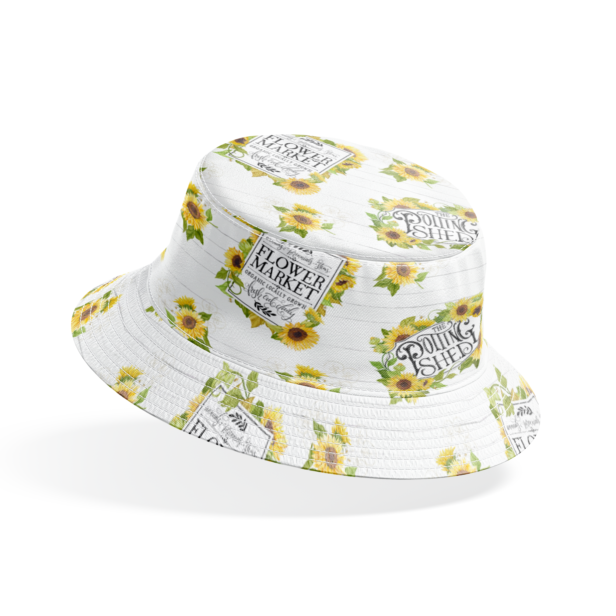 Watercolor sunflower clusters with vintage-style gardening labels on a white shiplap background, designed by Nicole Tamarin. bucket hat mockup