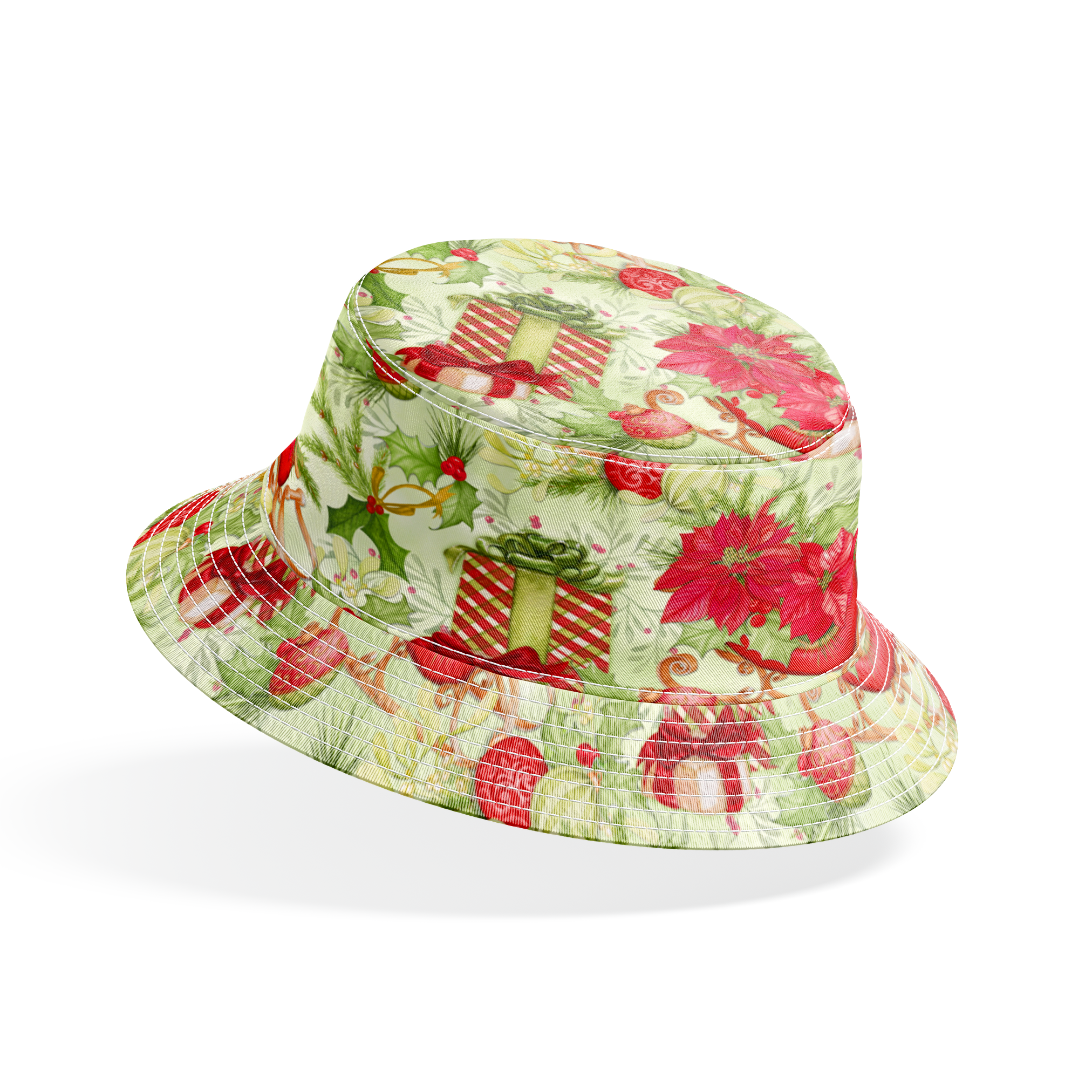 Christmas pattern with red poinsettias, vintage sleighs, wrapped gifts, holiday ornaments, and greenery in a festive toss by Nicole Tamarin. bucket hat mockup