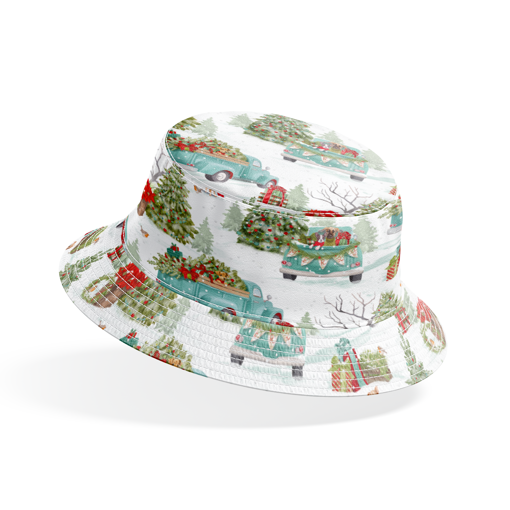 Vintage-style holiday fabric by Nicole Tamarin featuring teal trucks with Christmas trees, dogs, snow, and gifts in a festive winter landscape. bucket hat mockup