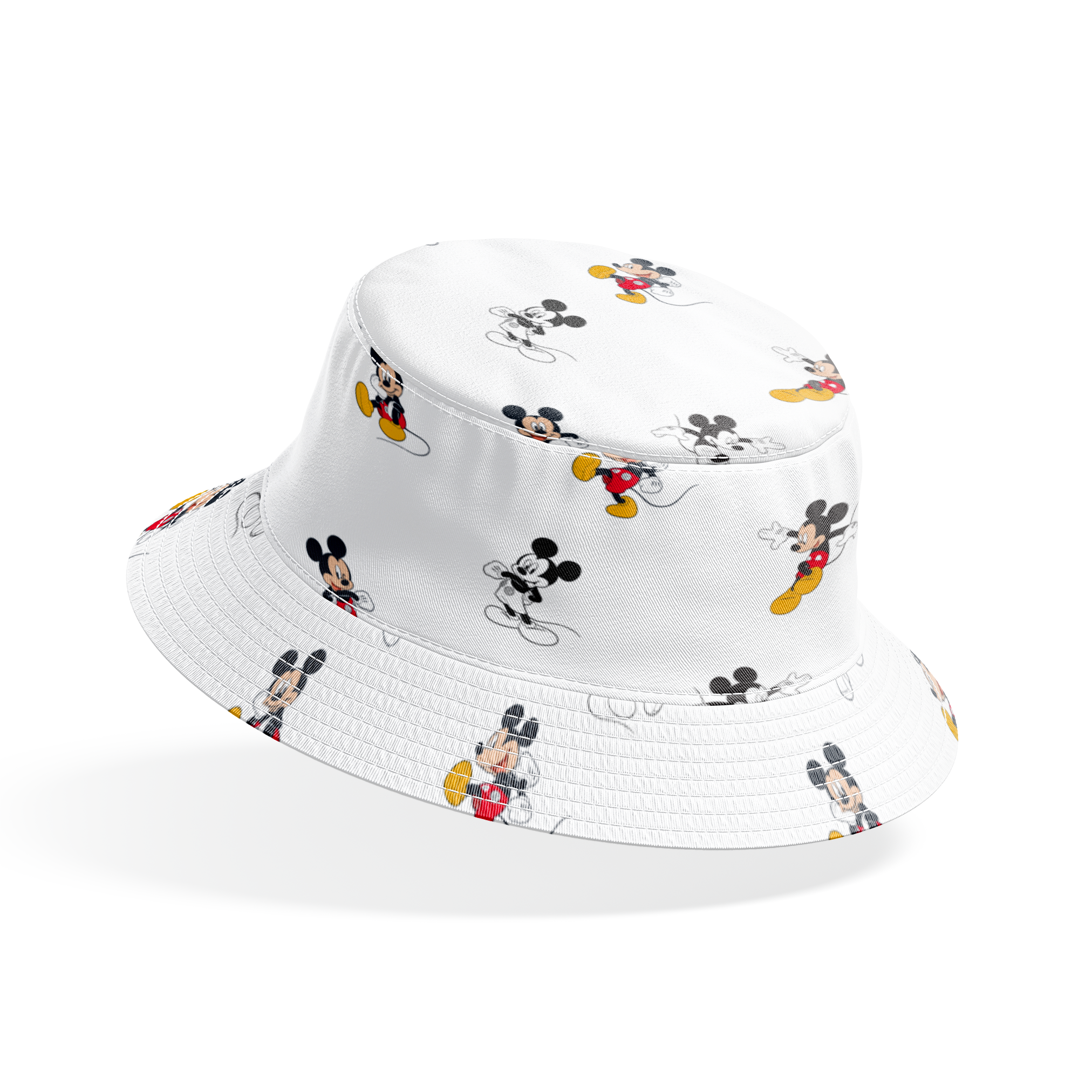 Repeating pattern of Mickey Mouse cartoon characters in various poses on white background bucket hat mockup