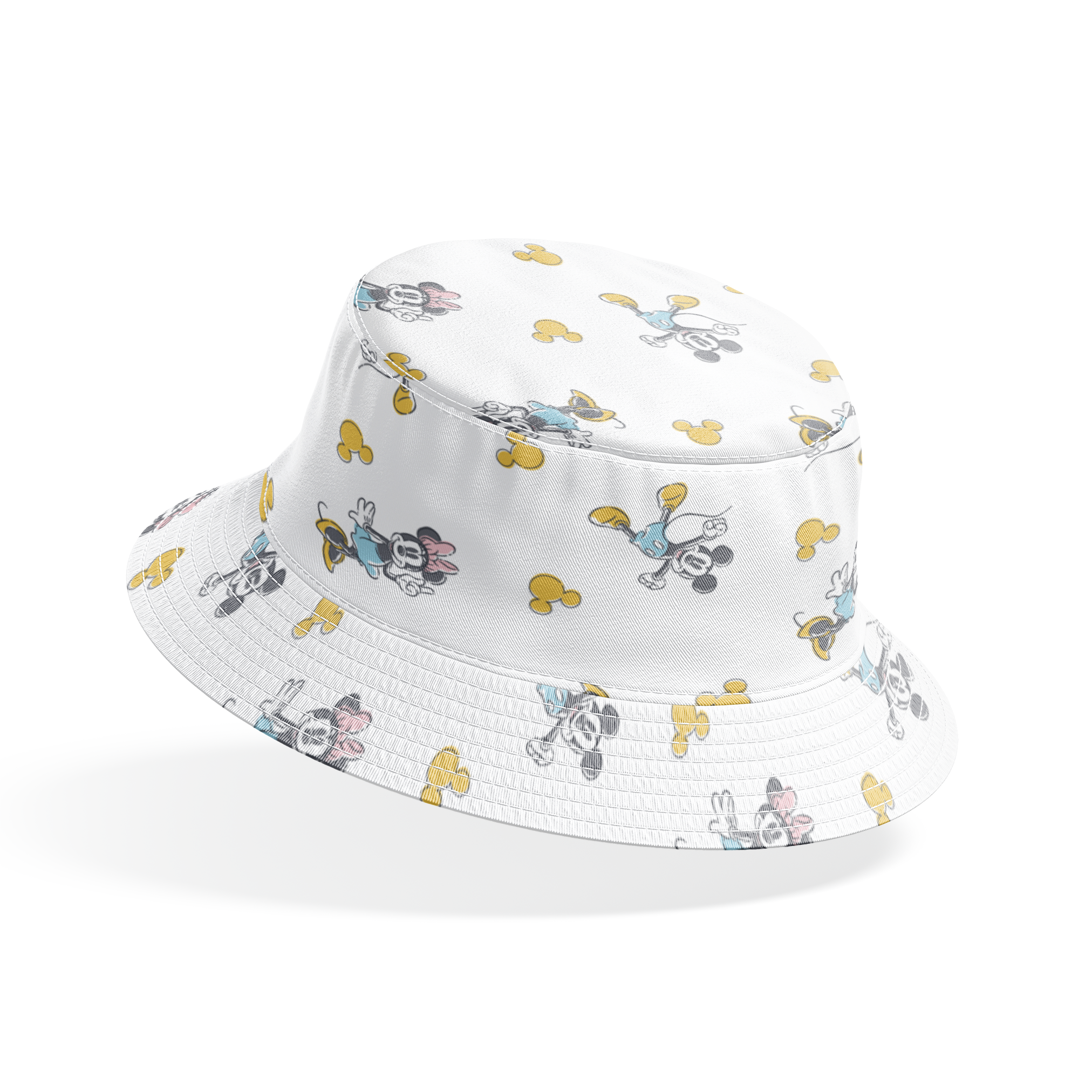 Mickey Mouse characters in light blue outfits scattered on white background with yellow Mickey silhouettes bucket hat mockup