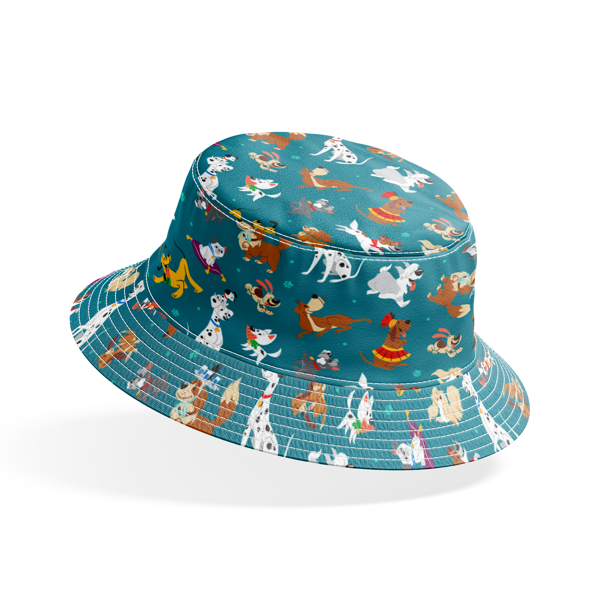 Teal pattern featuring Disney cartoon dogs like Dalmatians, Pluto, Lady and the Tramp, Copper, and other animated pups. bucket hat mockup