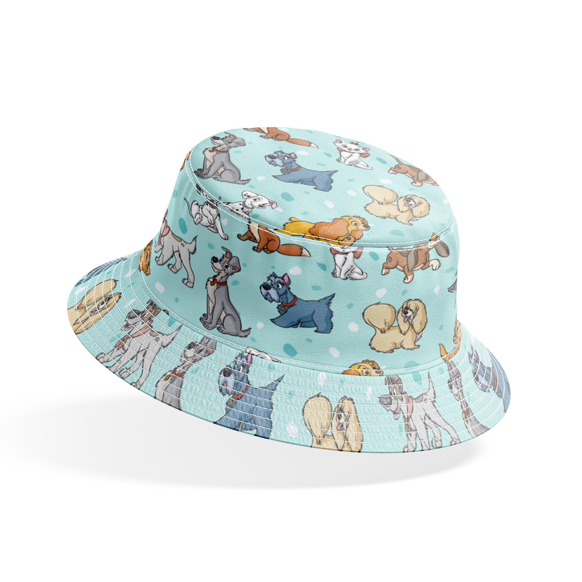 Cartoon-style Disney dogs and cats on a light blue background with scattered spots. bucket hat mockup