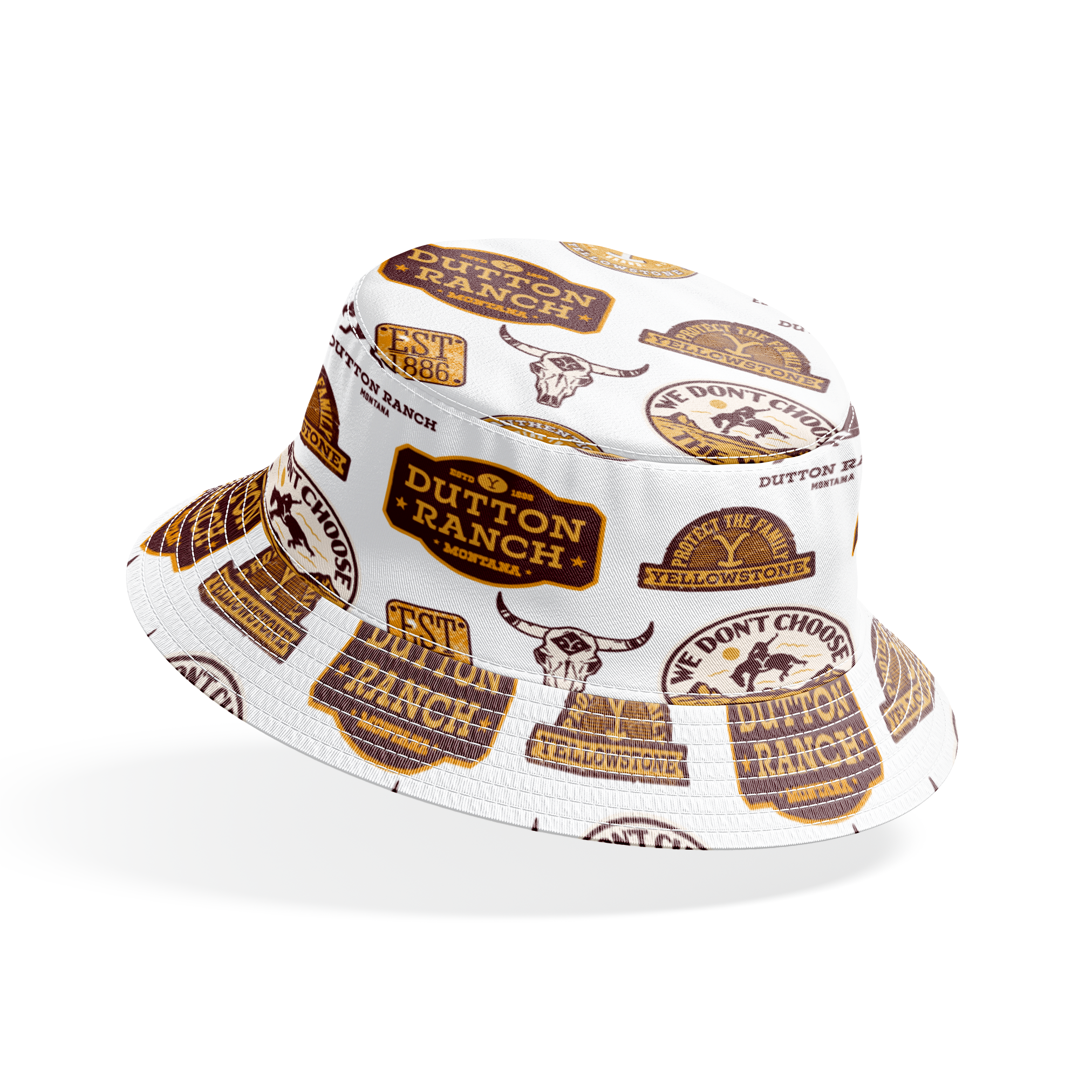 Western patch-style design featuring Dutton Ranch and Yellowstone badges in rustic tones. Great for quilting, crafts, and cowboy-inspired decor. bucket hat mockup