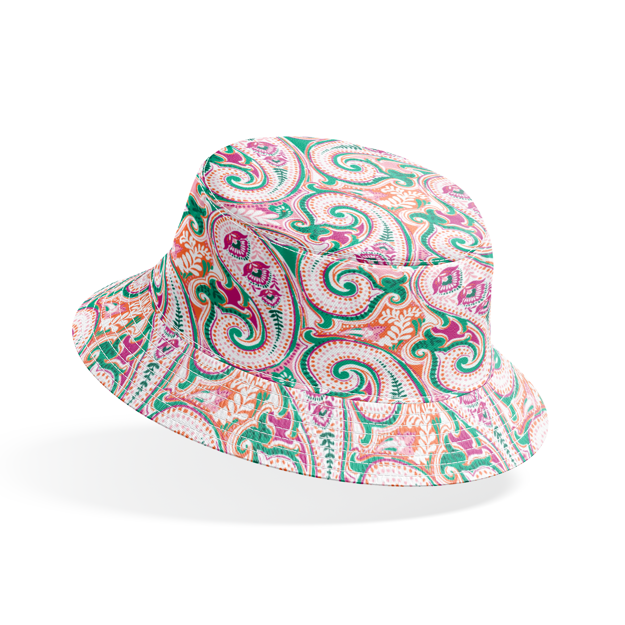 Colorful paisley pattern with swirling teardrop shapes in pink, green, and orange on light background bucket hat mockup