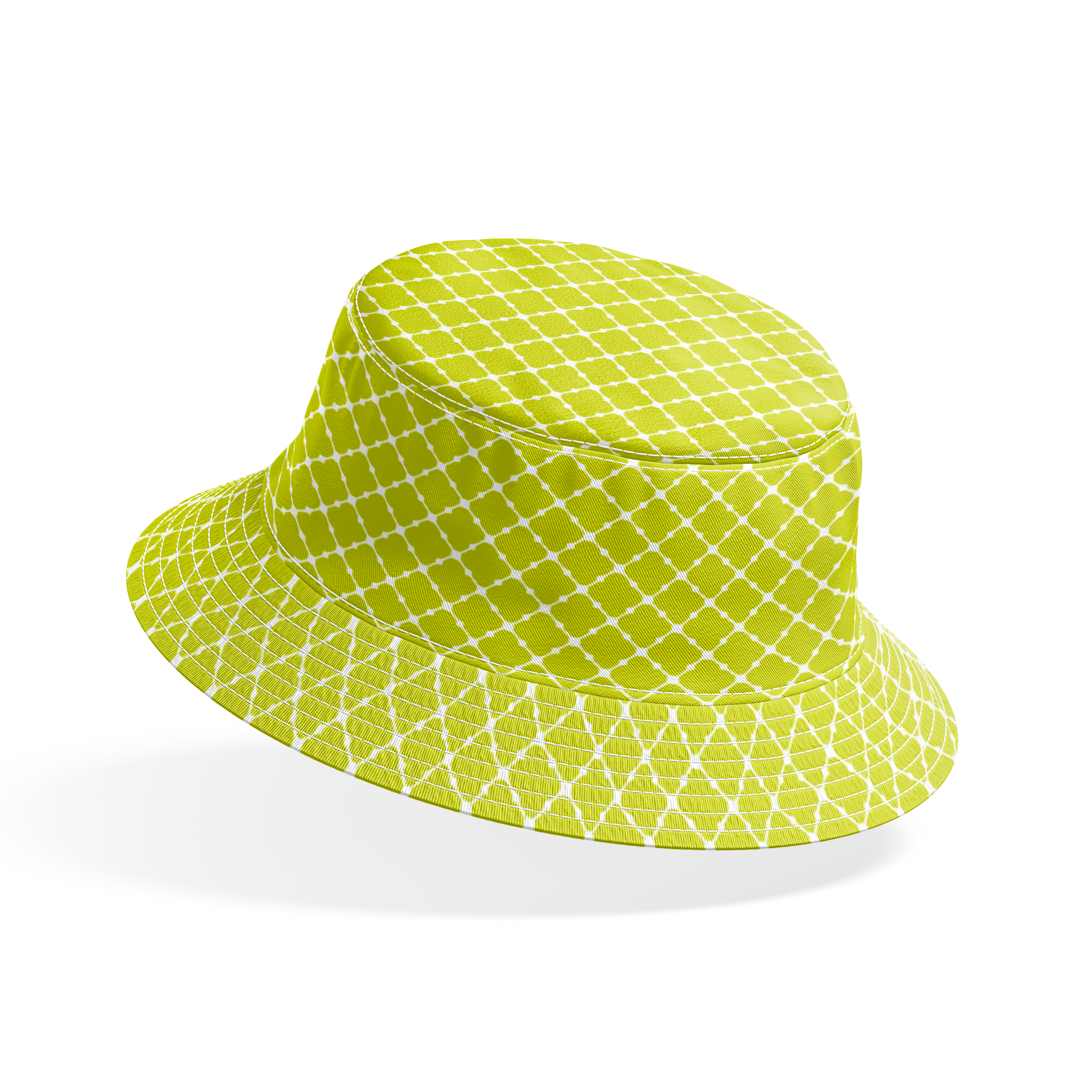 Chartreuse green quatrefoil pattern on white background, forming a geometric lattice design bucket hat mockup