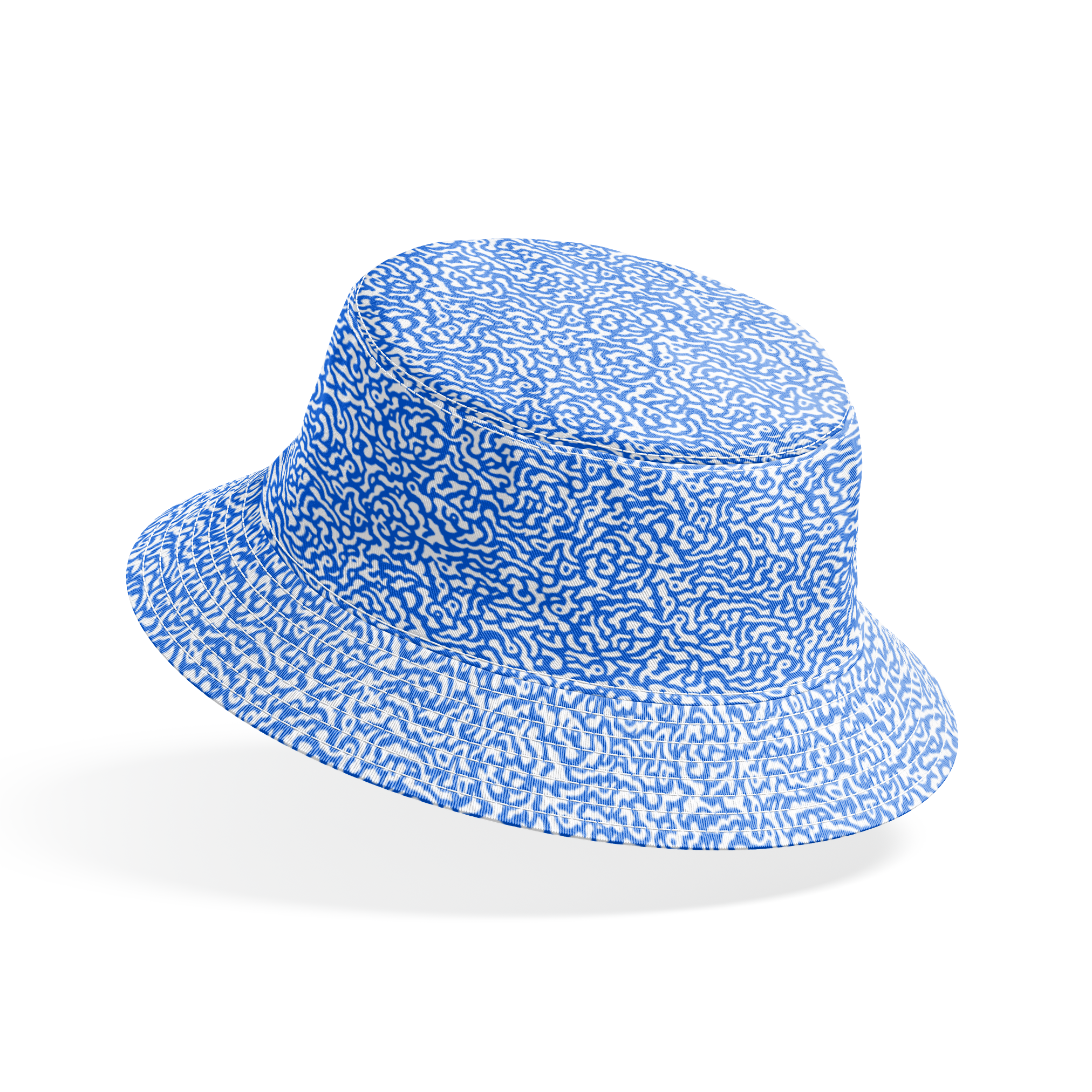 Blue and white abstract pattern with wavy, maze-like lines creating a flowing organic texture bucket hat mockup