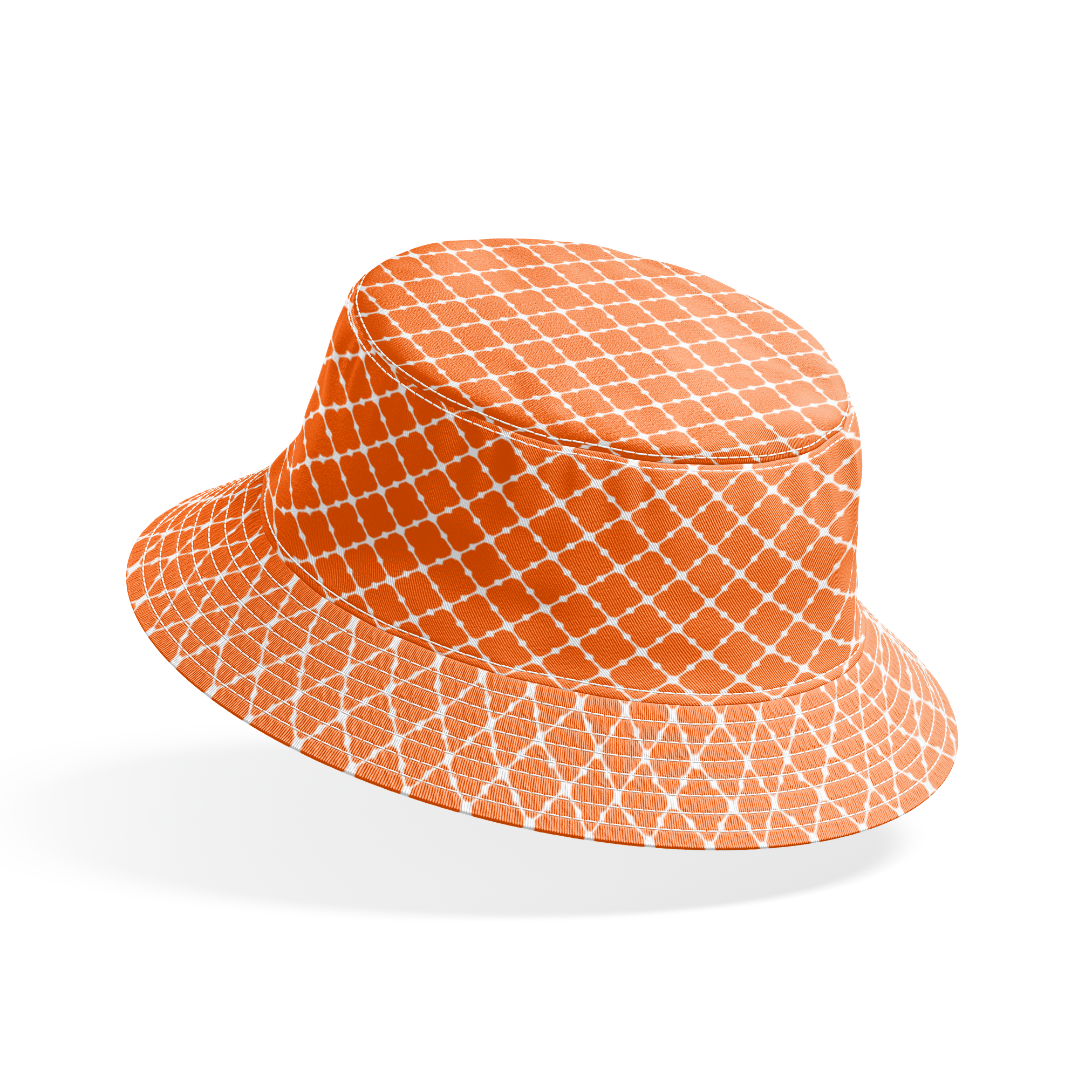 Geometric orange and white pattern with quatrefoil shapes forming a lattice design bucket hat mockup