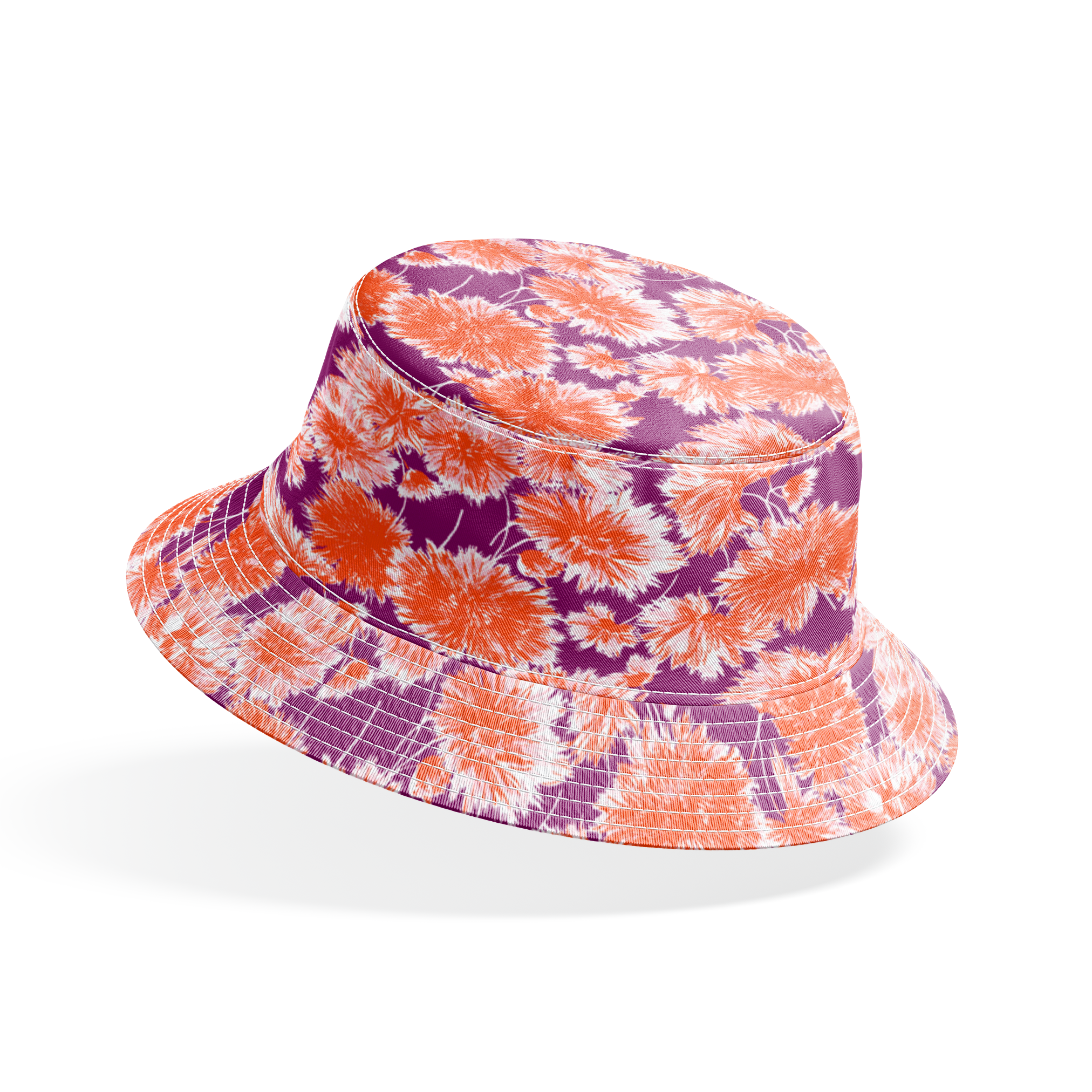 Vibrant floral pattern with orange and white chrysanthemum-like blooms on deep purple background bucket hat mockup