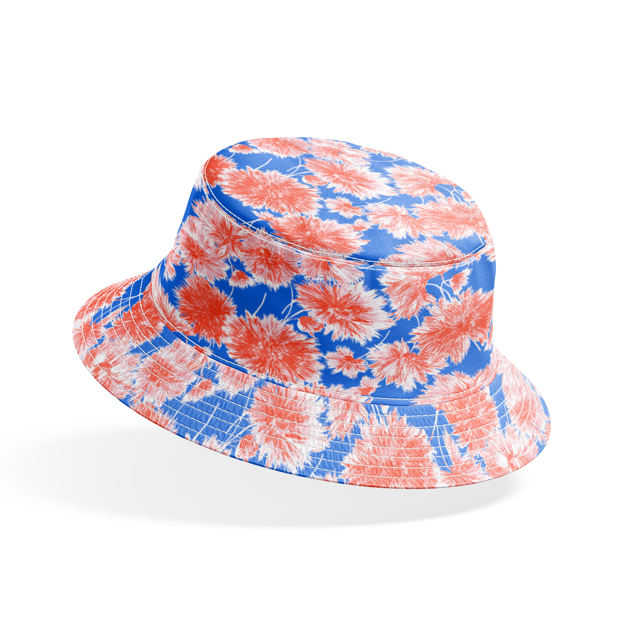 Coral pink floral pattern of chrysanthemums or dahlias on bright blue background bucket hat mockup