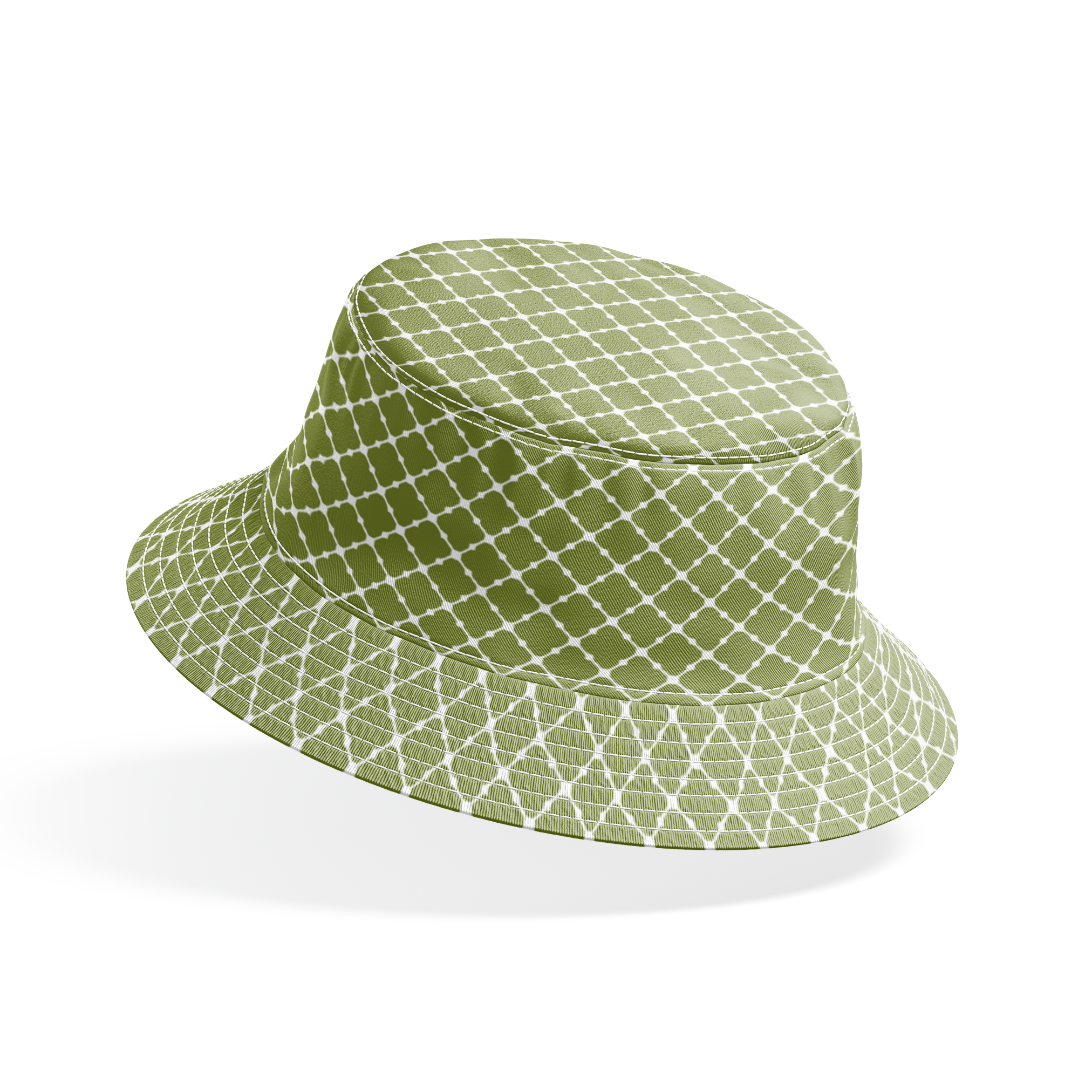 Sage green quatrefoil pattern with white lattice lines forming a Moroccan-style geometric design bucket hat mockup