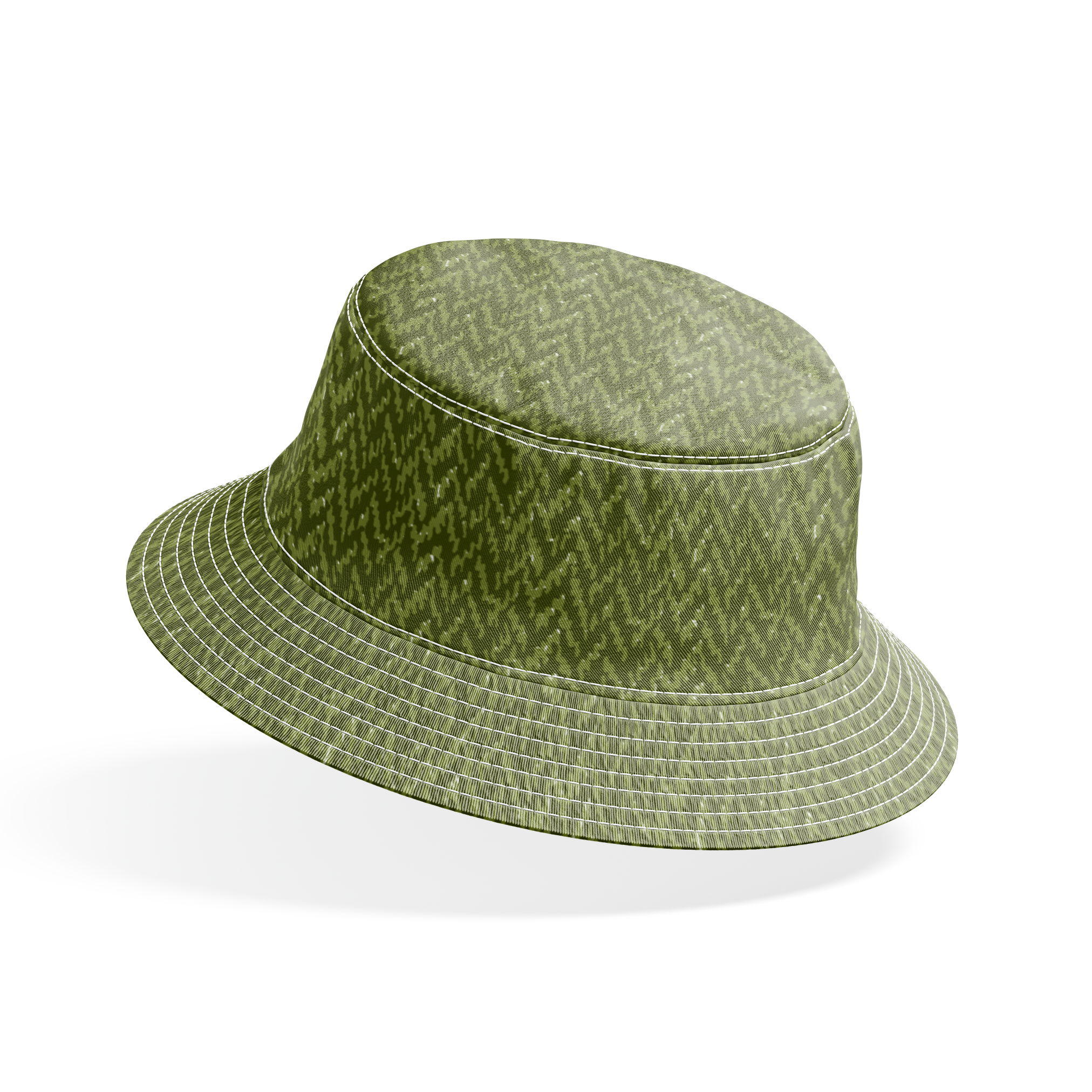 Military camouflage pattern in various shades of olive green with irregular vertical stripes bucket hat mockup