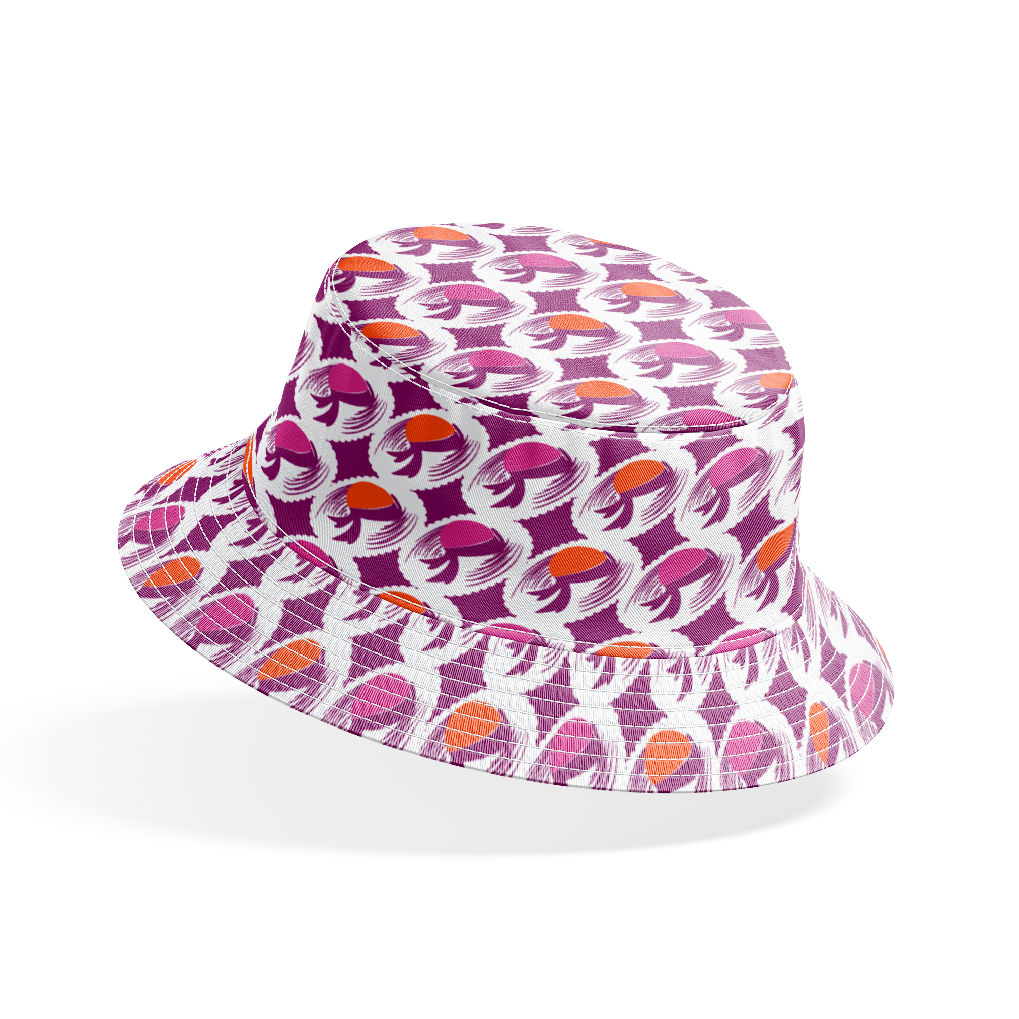Abstract pattern with purple and orange oval shapes with flowing brush strokes on white background bucket hat mockup