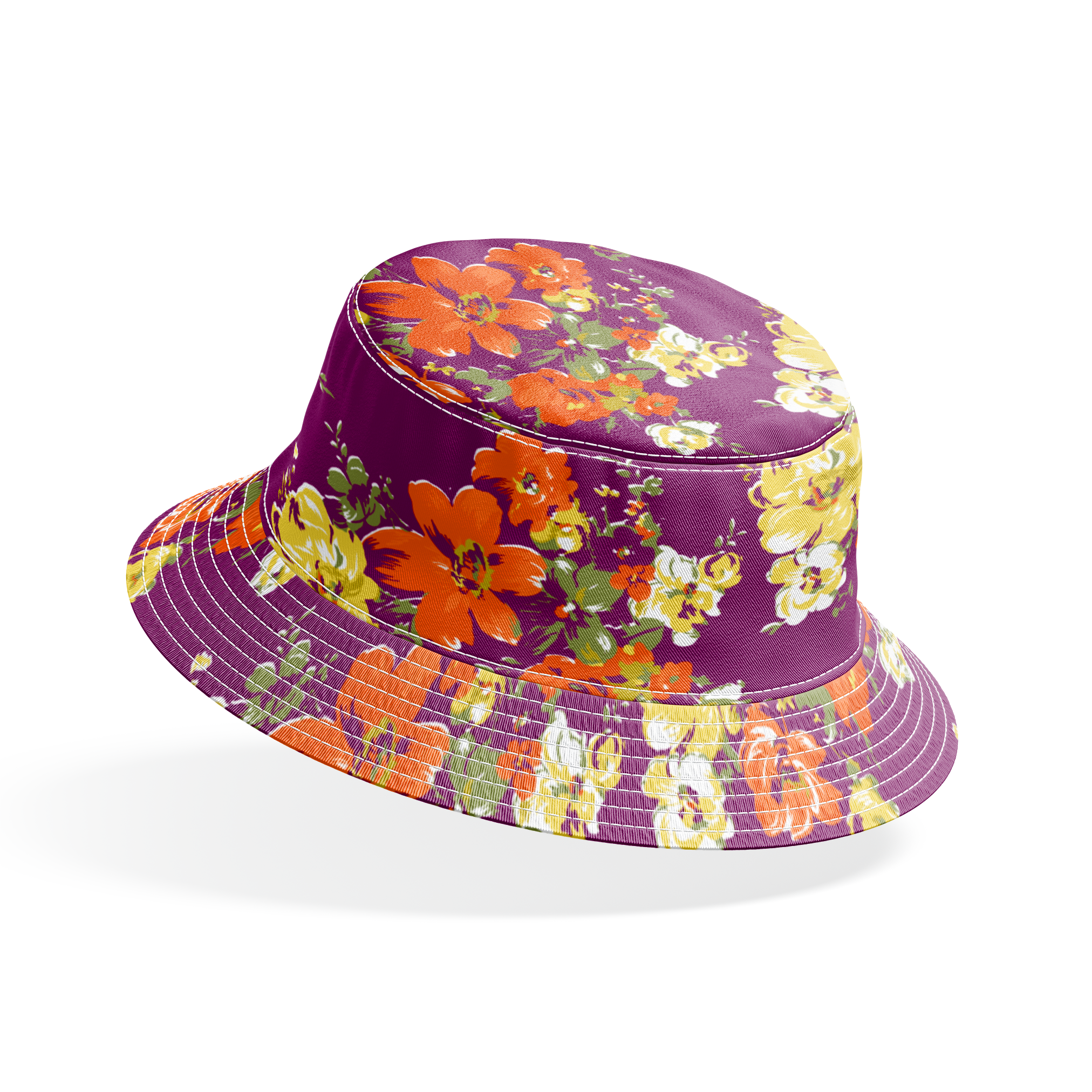 Vibrant floral pattern with orange and yellow blooms against a deep purple background bucket hat mockup
