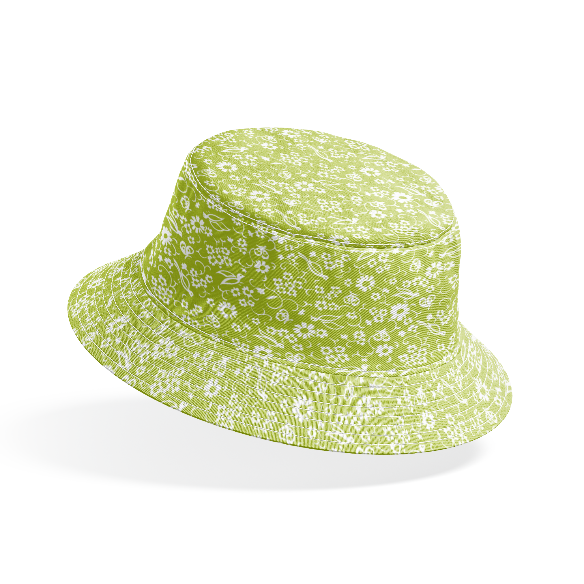 White bird and floral pattern on a vibrant lime green background. bucket hat mockup