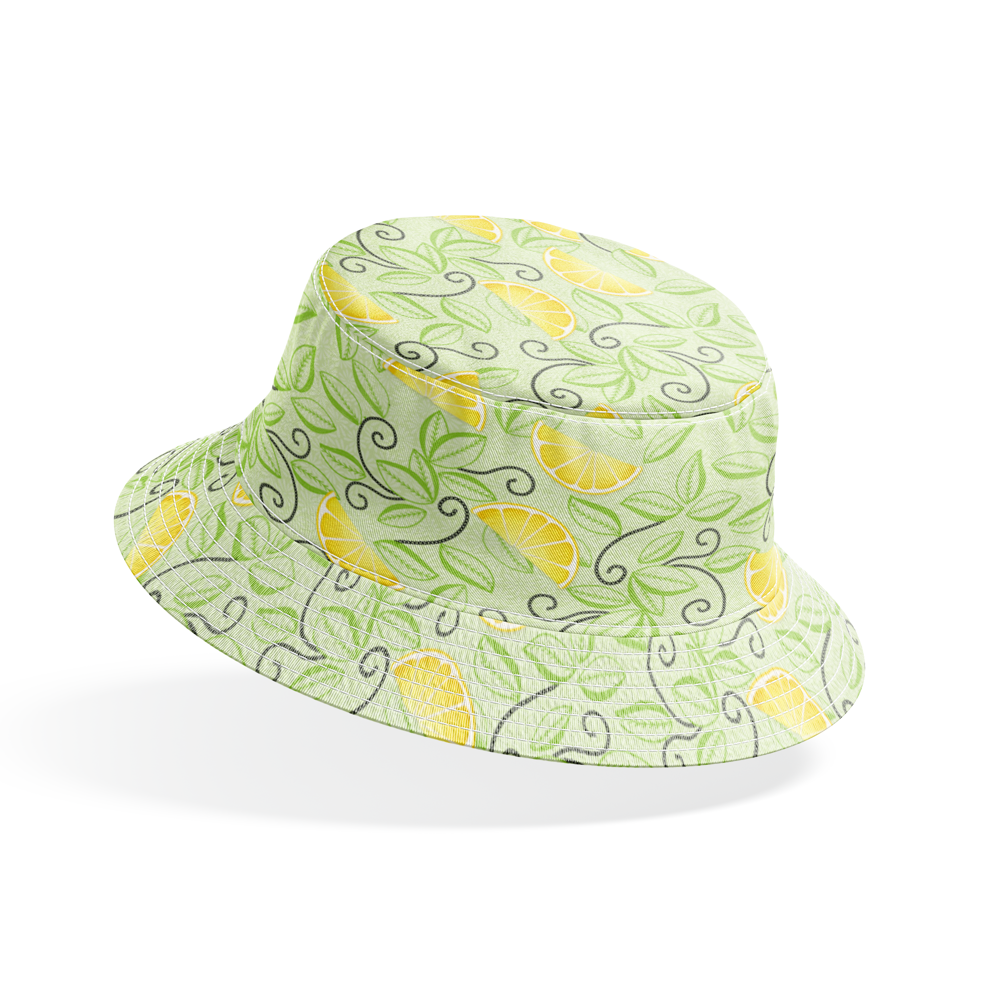 Yellow lemon slices with swirling green leaves on a soft green background in a playful, fresh layout. bucket hat mockup