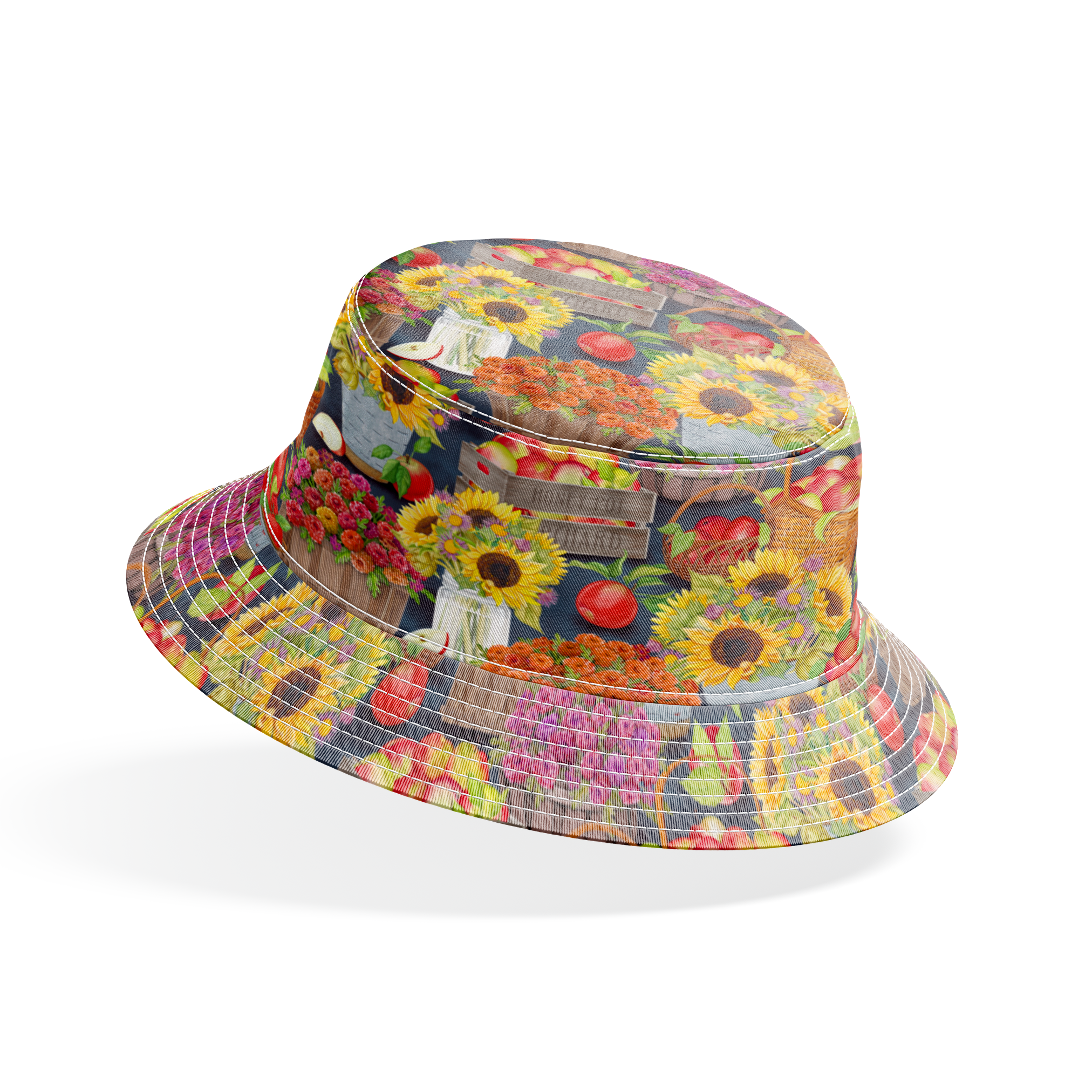 Colorful pattern of sunflowers, apples, and assorted flowers in rustic baskets and buckets bucket hat mockup