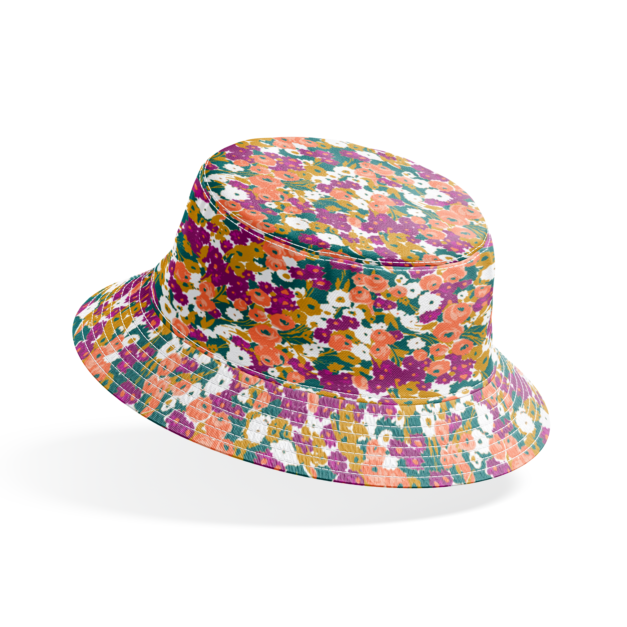 Vibrant floral pattern with peach, purple, white, and gold blooms against dark green foliage bucket hat mockup