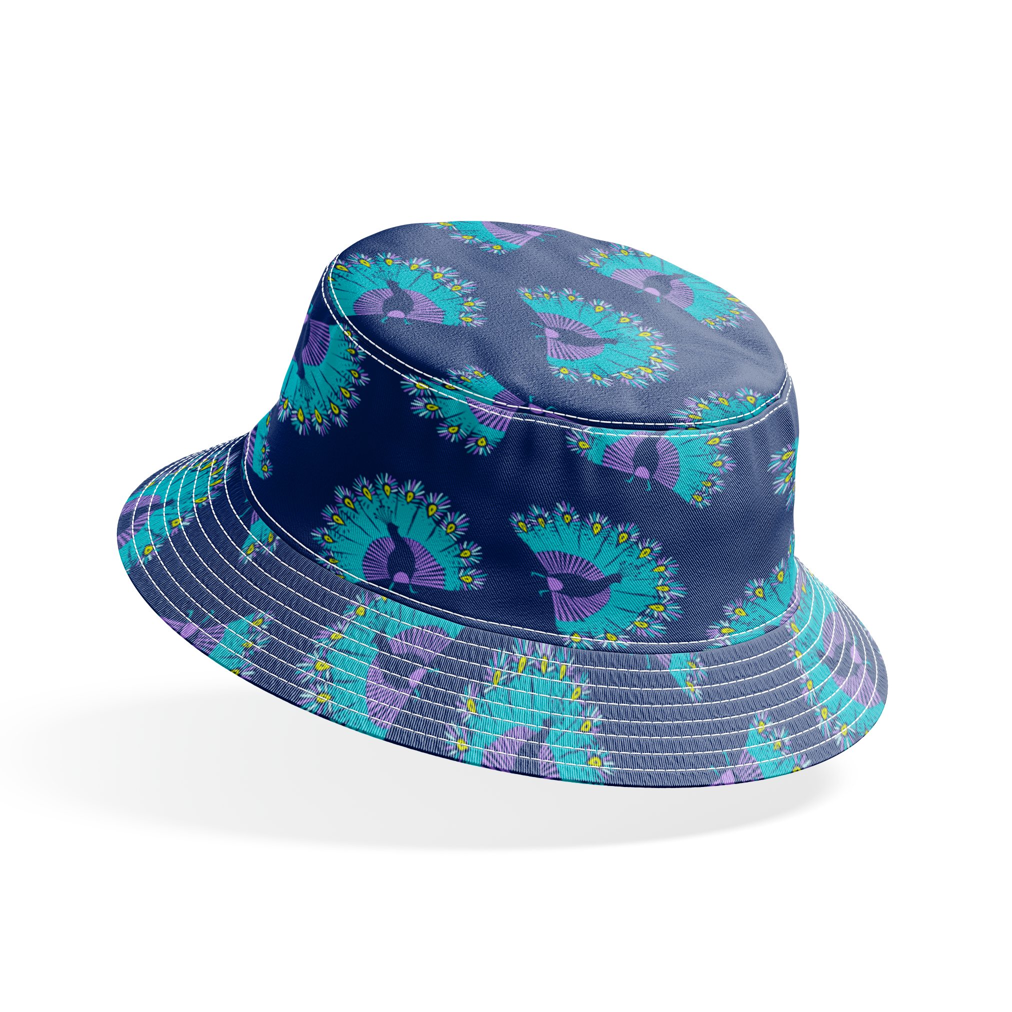 Vibrant peacock-inspired pattern with teal and purple fan shapes on blue background bucket hat mockup